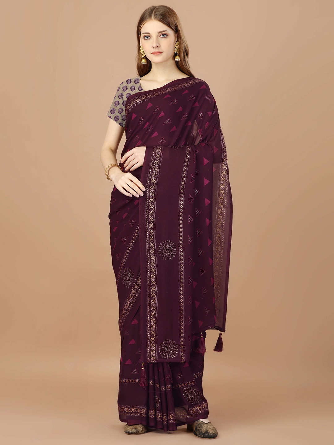 

Mitera Magenta Geometric Printed Beads & Stones Pure Georgette Saree