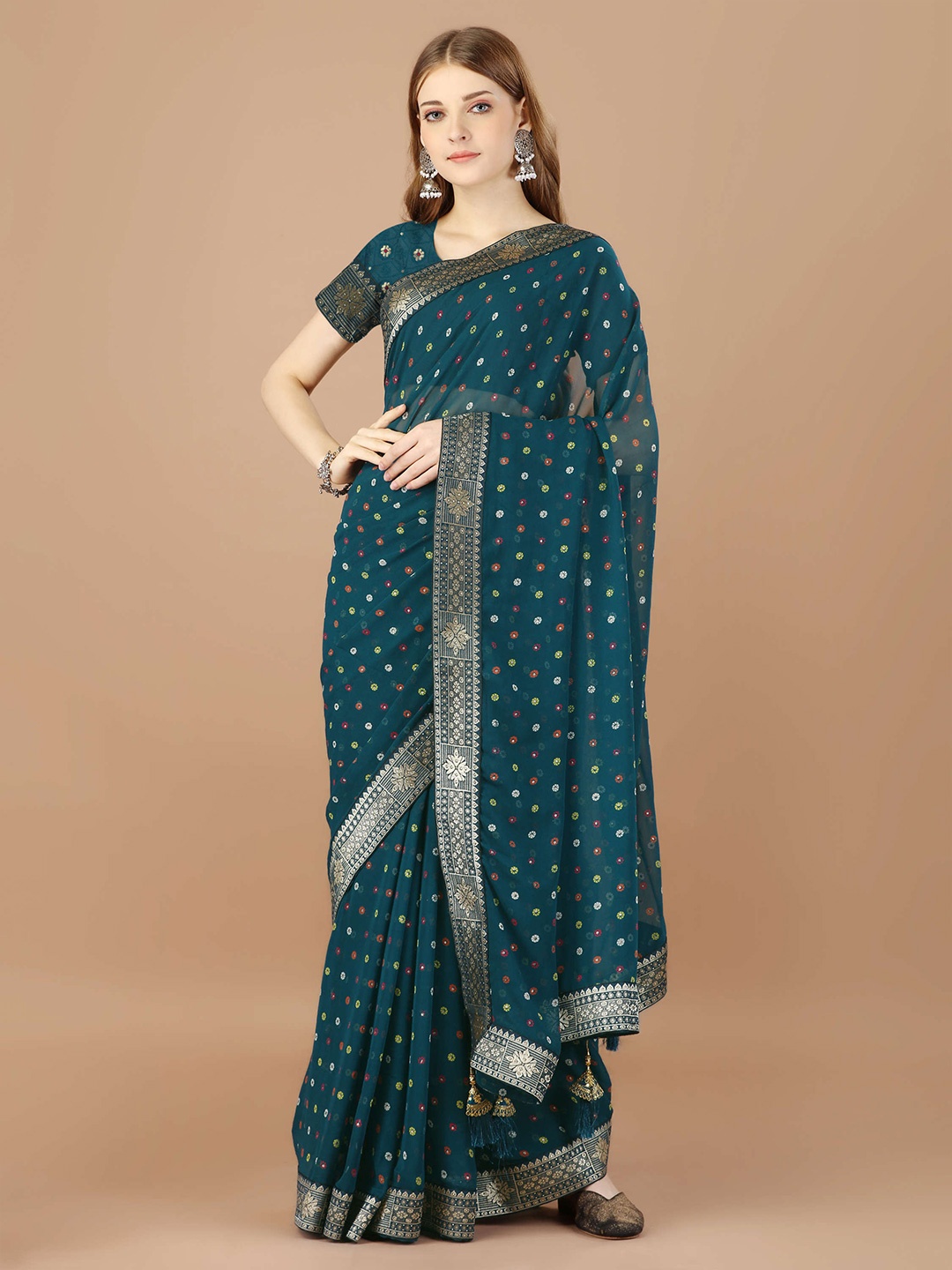 

Mitera Sea Green Floral Printed Zari Pure Georgette Saree