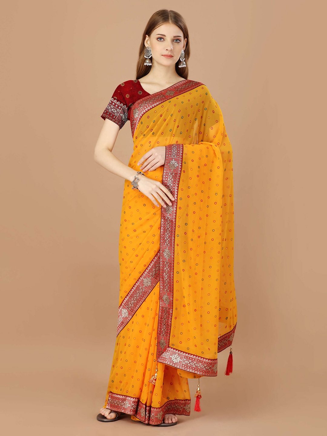 

Mitera Yellow & Red Floral Printed Zari Pure Georgette Saree