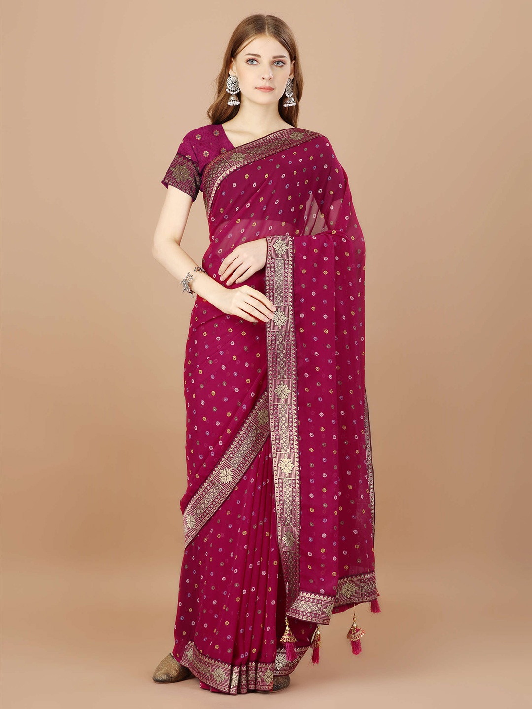 

Mitera Floral Printed Zari Pure Georgette Saree, Pink