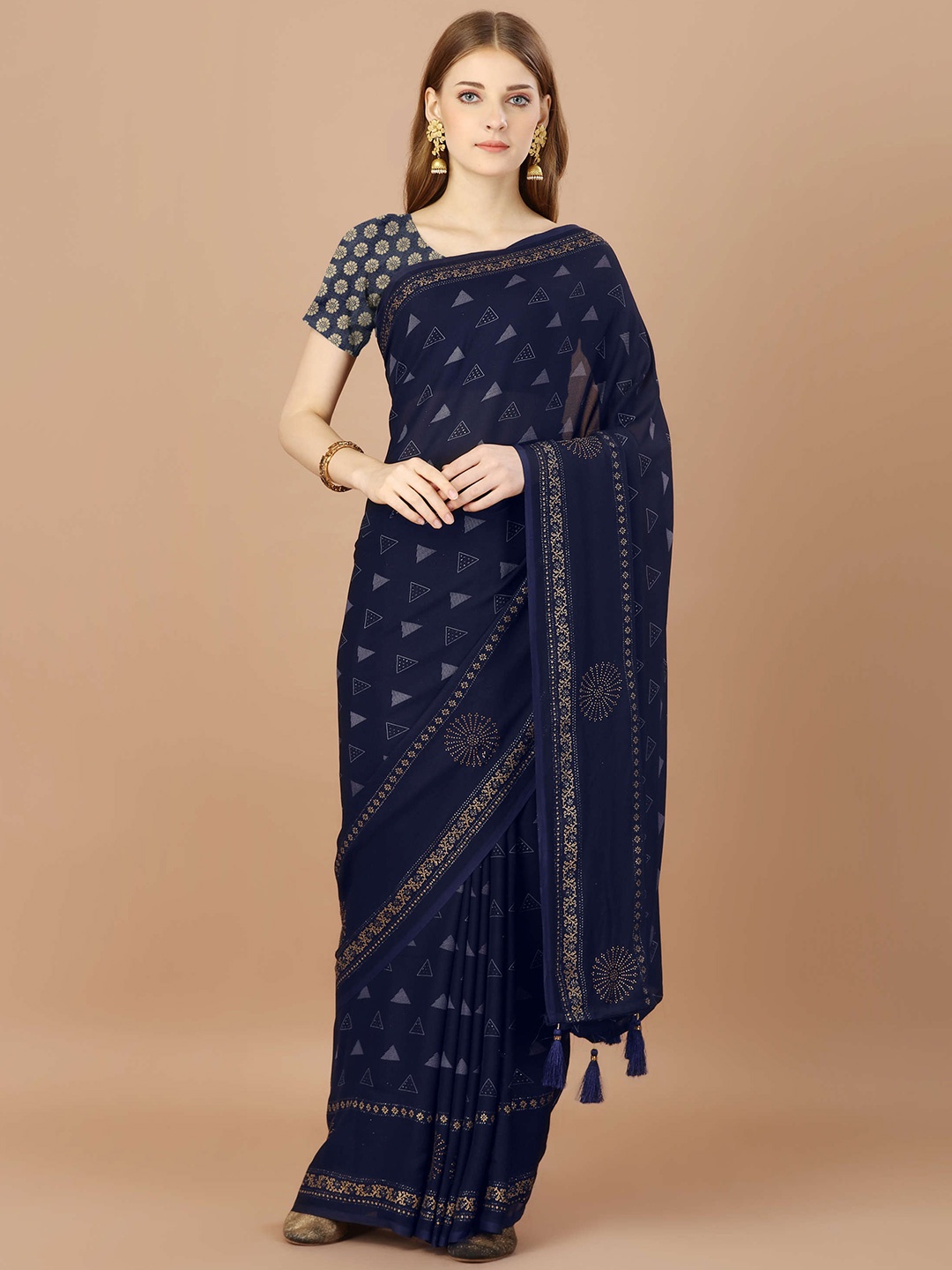 

Mitera Navy Blue Geometric Printed Beads & Stones Pure Georgette Saree