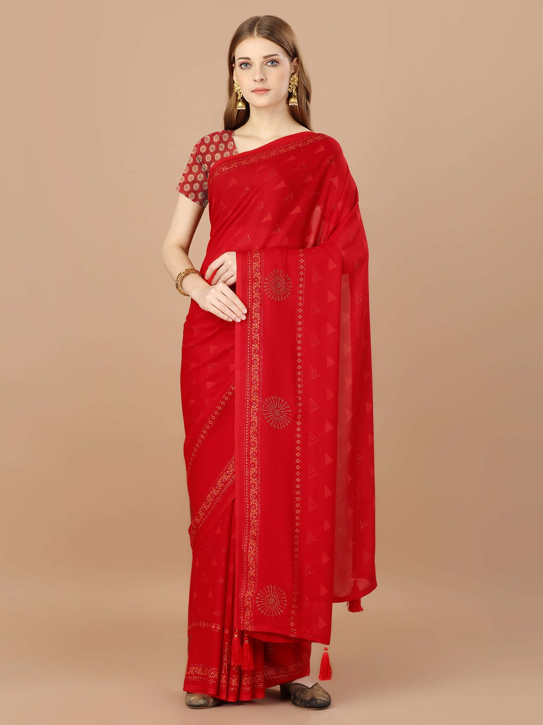 

Mitera Red Geometric Printed Beads & Stones Pure Georgette Saree
