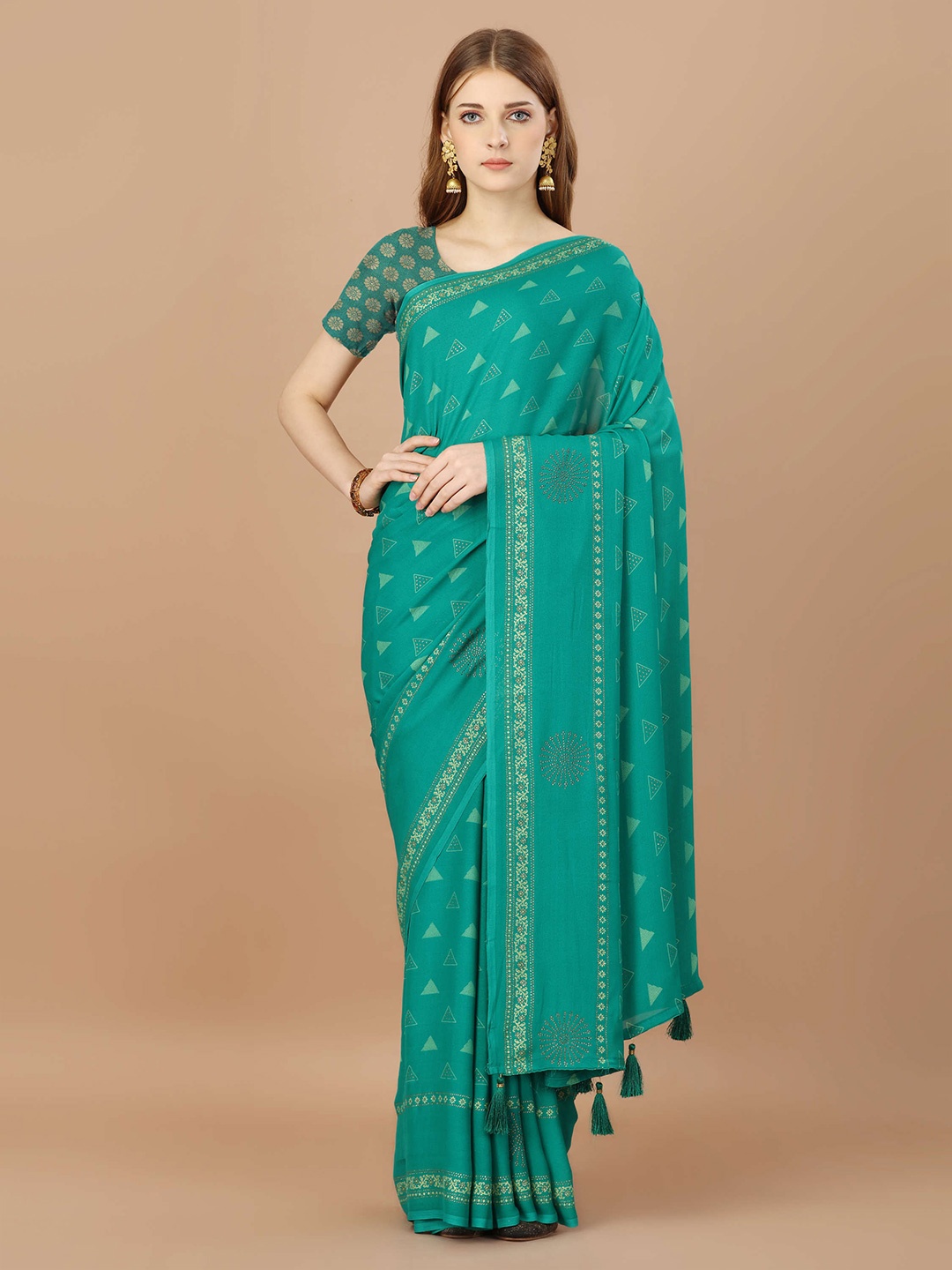 

Mitera Geometric Printed Pure Georgette Saree, Sea green