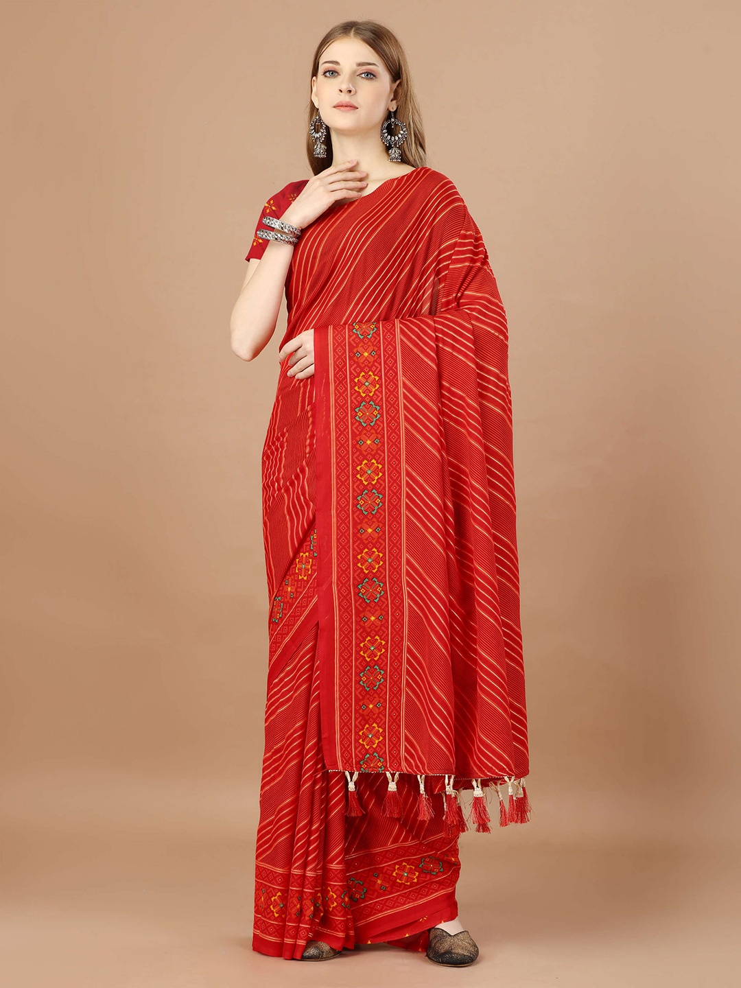 

Mitera Red Striped Pure Georgette Saree