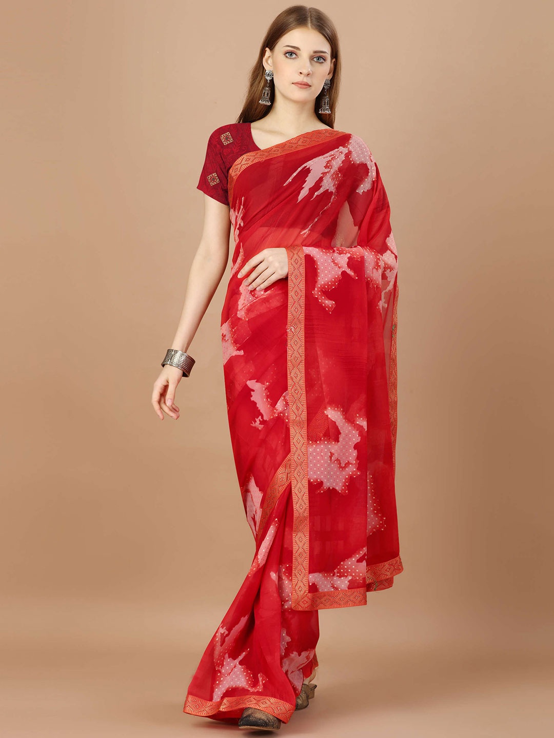 

Mitera Beads and Stones Pure Georgette Saree, Red