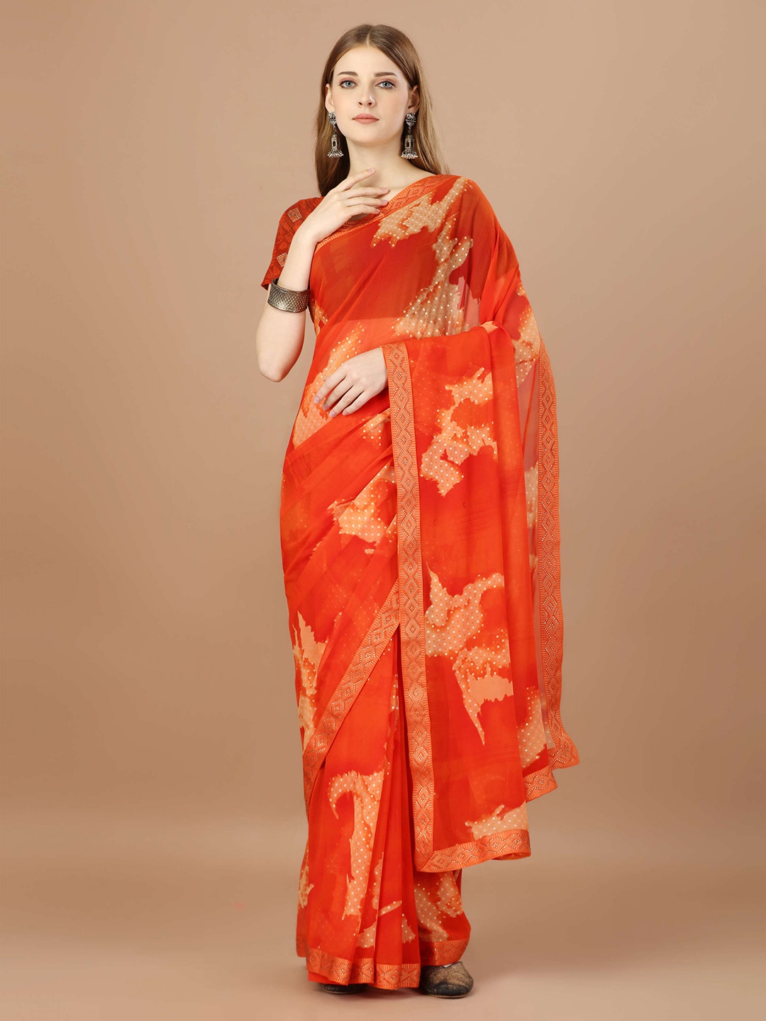 

Mitera Orange Abstract Printed Beads & Stones Pure Georgette Saree