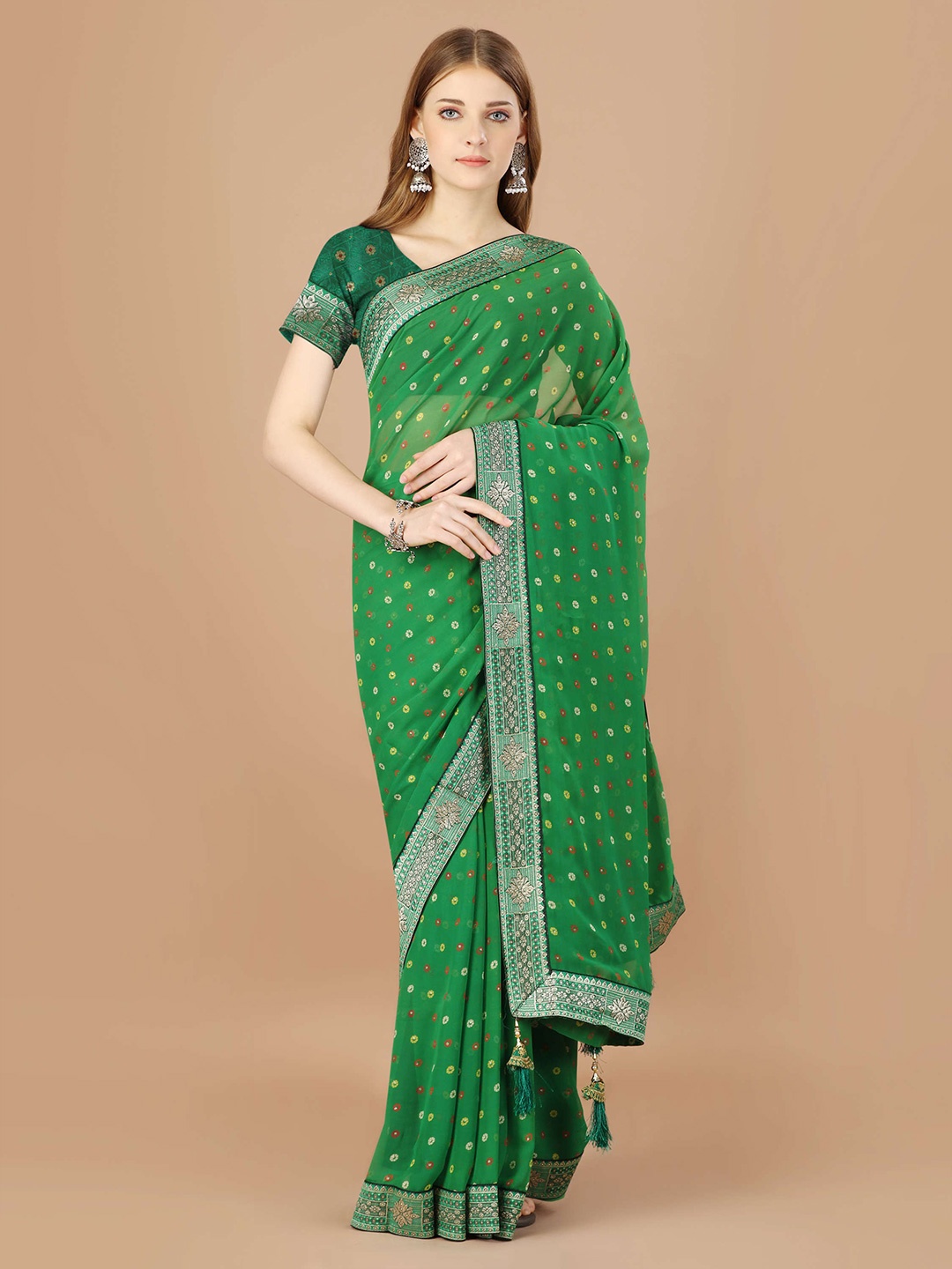 

Mitera Green Floral Printed Zari Pure Georgette Saree