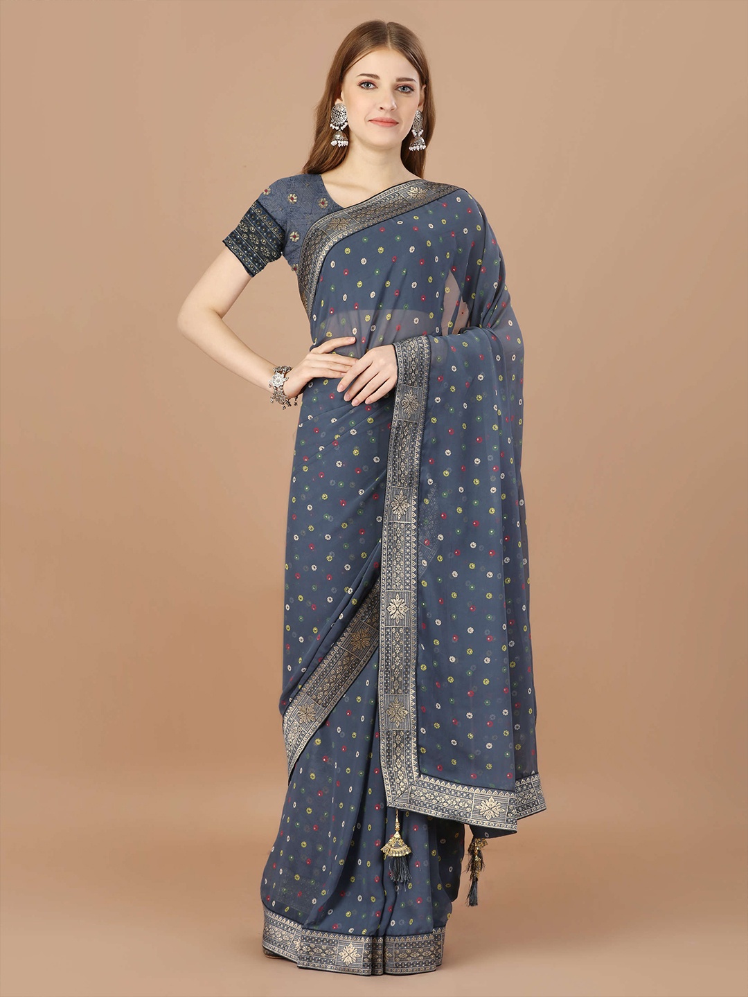 Mitera Floral Pure Georgette Saree, Grey