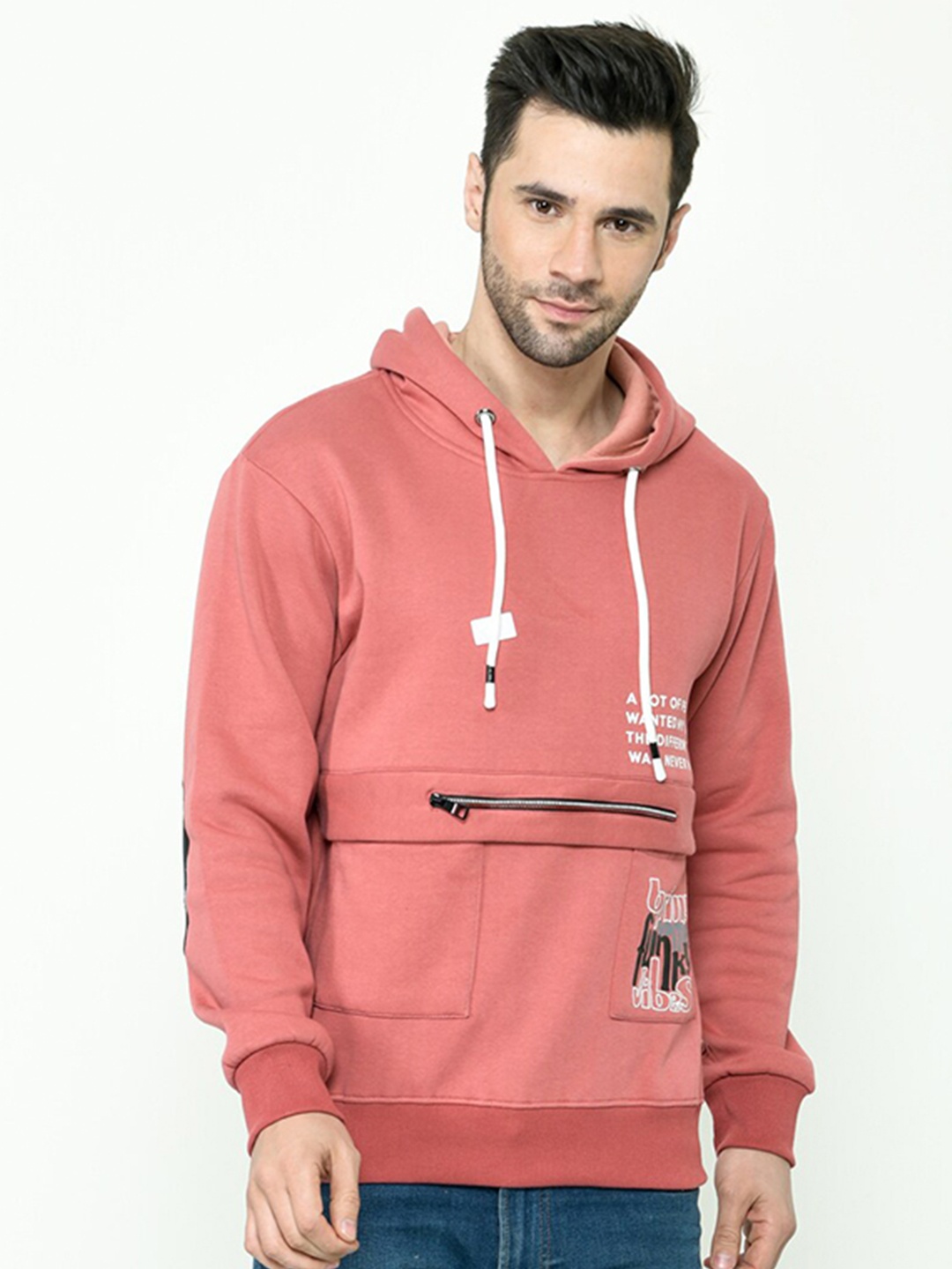 

Calizar Typographic Printed Hooded Pure Cotton Pullover Sweatshirt, Red
