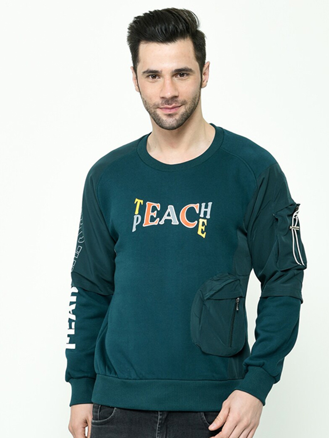 

Calizar Typographic Printed Pure Cotton Pullover Sweatshirt, Green