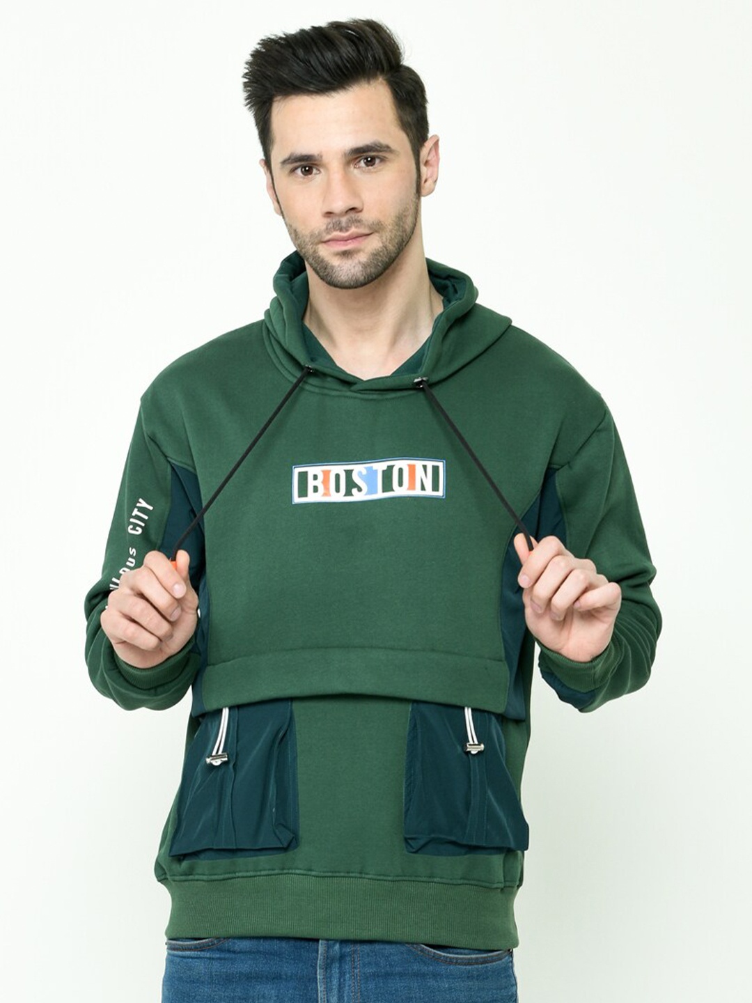 

Calizar Typographic Printed Hooded Pure Cotton Pullover Sweatshirt, Green