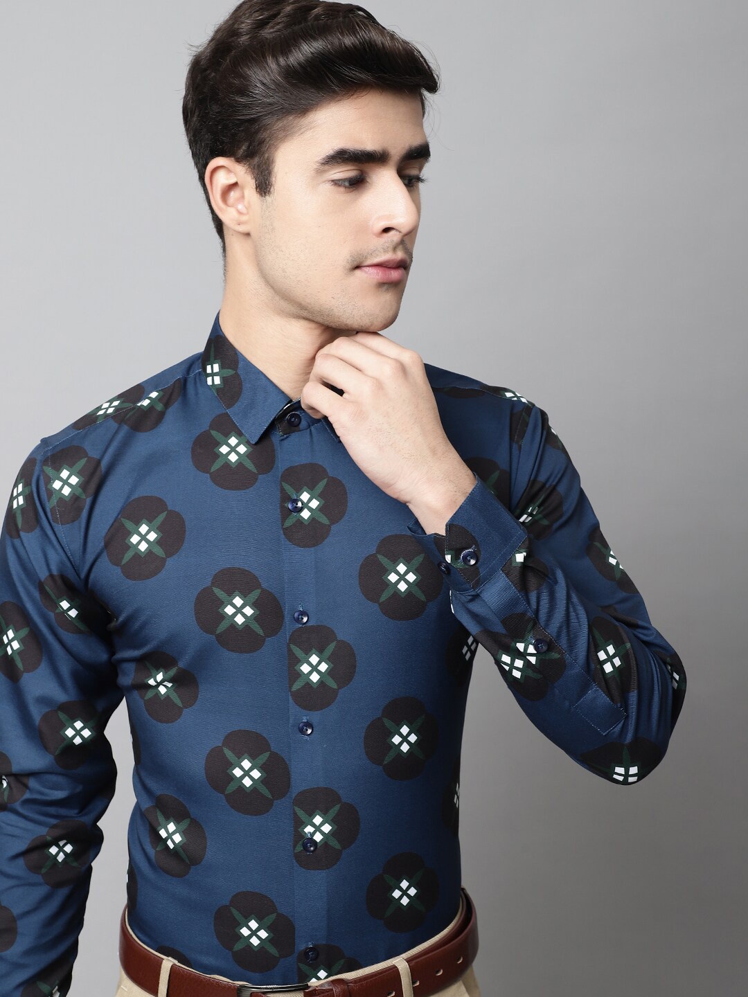 

JAINISH Classic Floral Printed Spread Collar Long Sleeve Cotton Casual Shirt, Blue