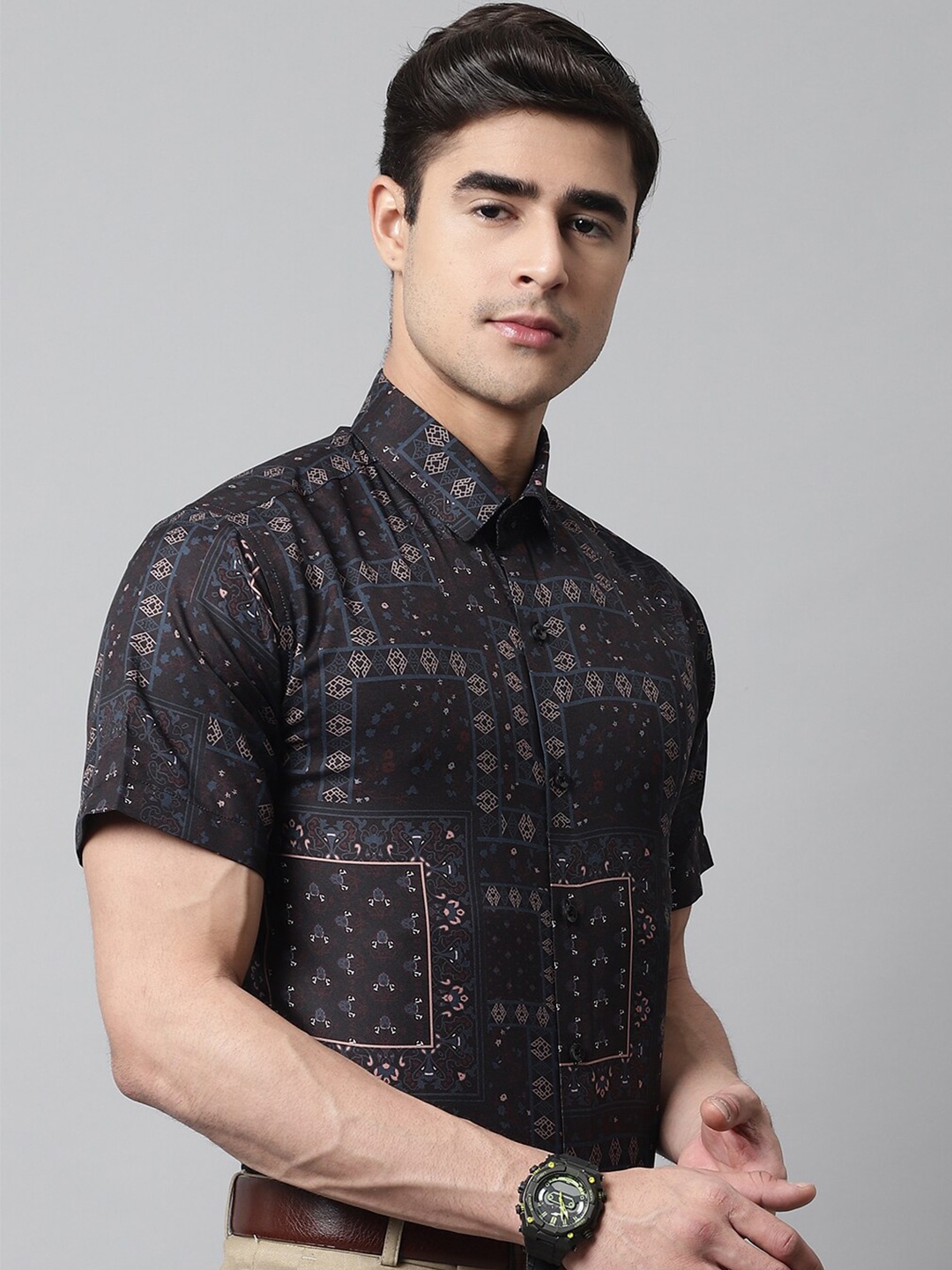 

JAINISH Classic Ethnic Motifs Printed Cotton Formal Shirt, Black