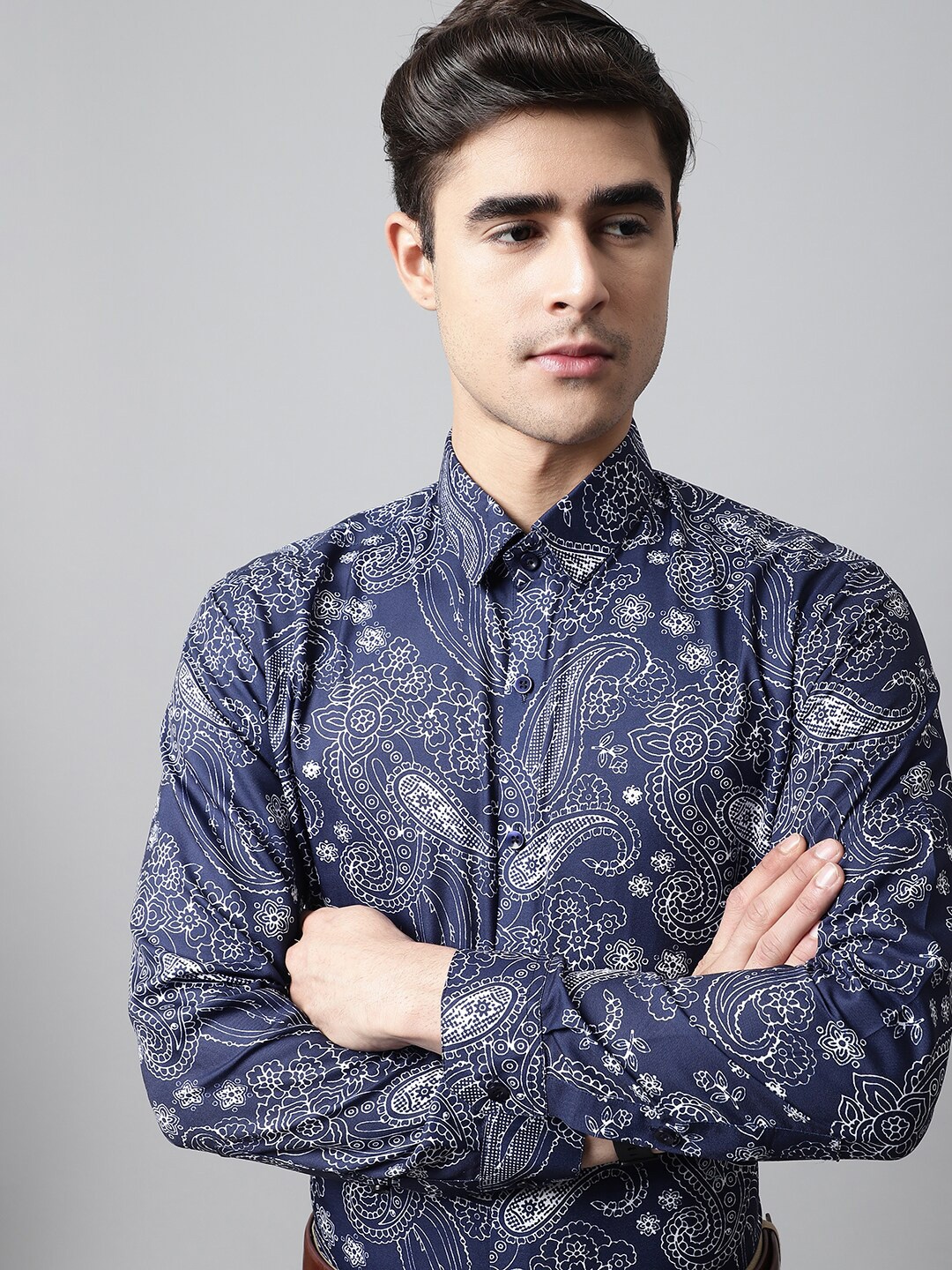 

JAINISH Classic Ethnic Motifs Printed Cotton Formal Shirt, Navy blue