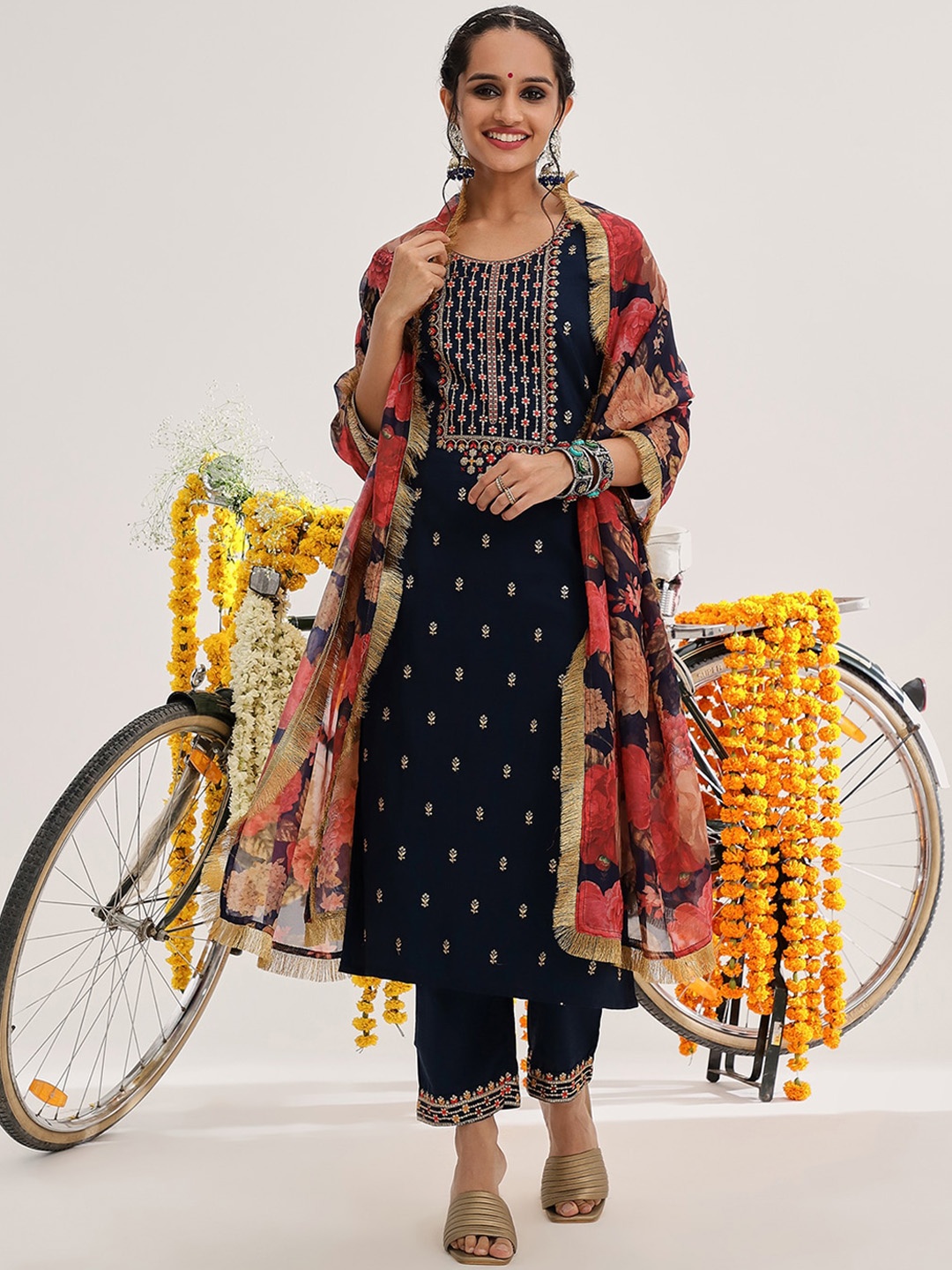Varanga Floral Embroidered Thread Work Kurta & Trousers With Dupatta, Blue