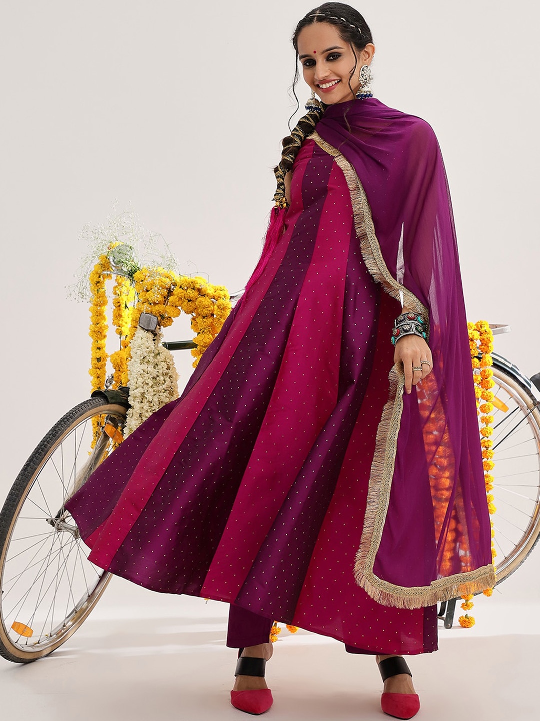 

Varanga Woven Design Panelled Kurta & Trousers With Dupatta, Pink