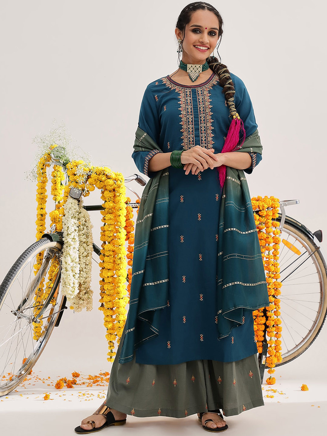 

Varanga Ethnic Motifs Embroidered Thread Work Kurta & Sharara With Dupatta, Blue
