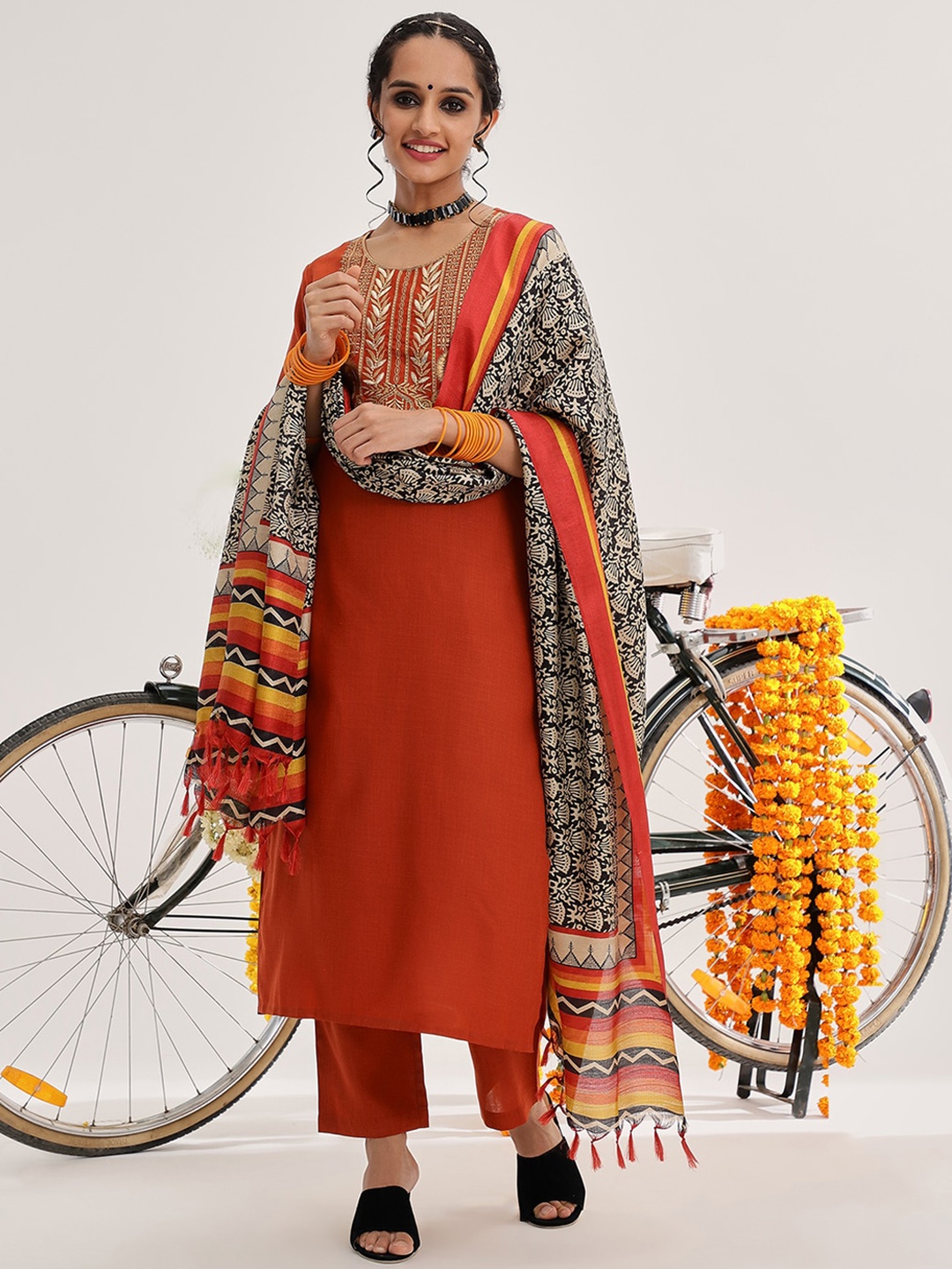 Varanga Floral Yoke Design Regular Kurta with Trousers & With Dupatta, Rust