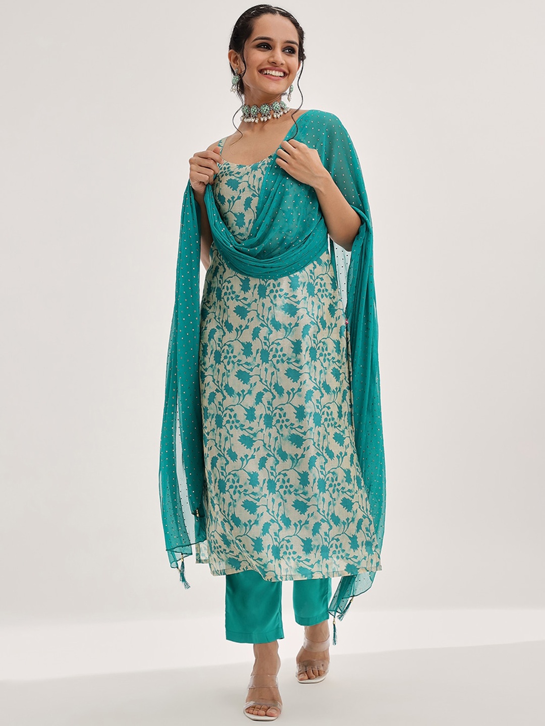 

Varanga Floral Printed Chanderi Silk Kurta & Trousers With Dupatta, Turquoise blue
