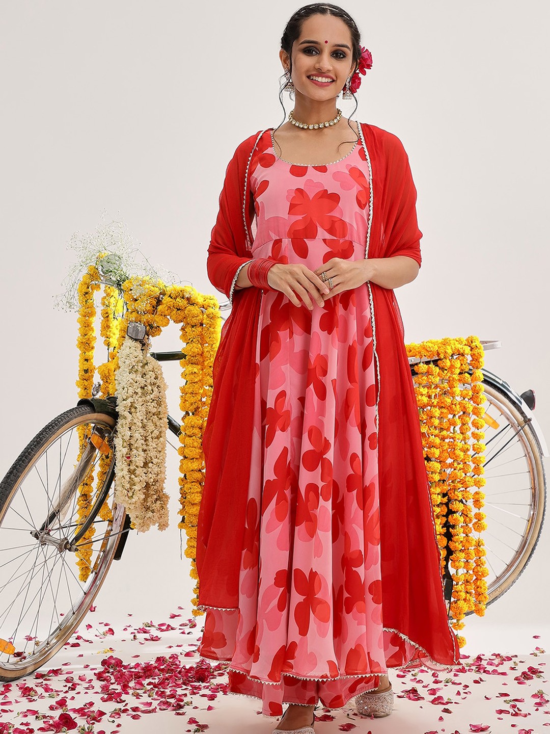 Varanga Floral Printed Gotta Patti Anarkali Kurta with Trousers & With Dupatta, Pink