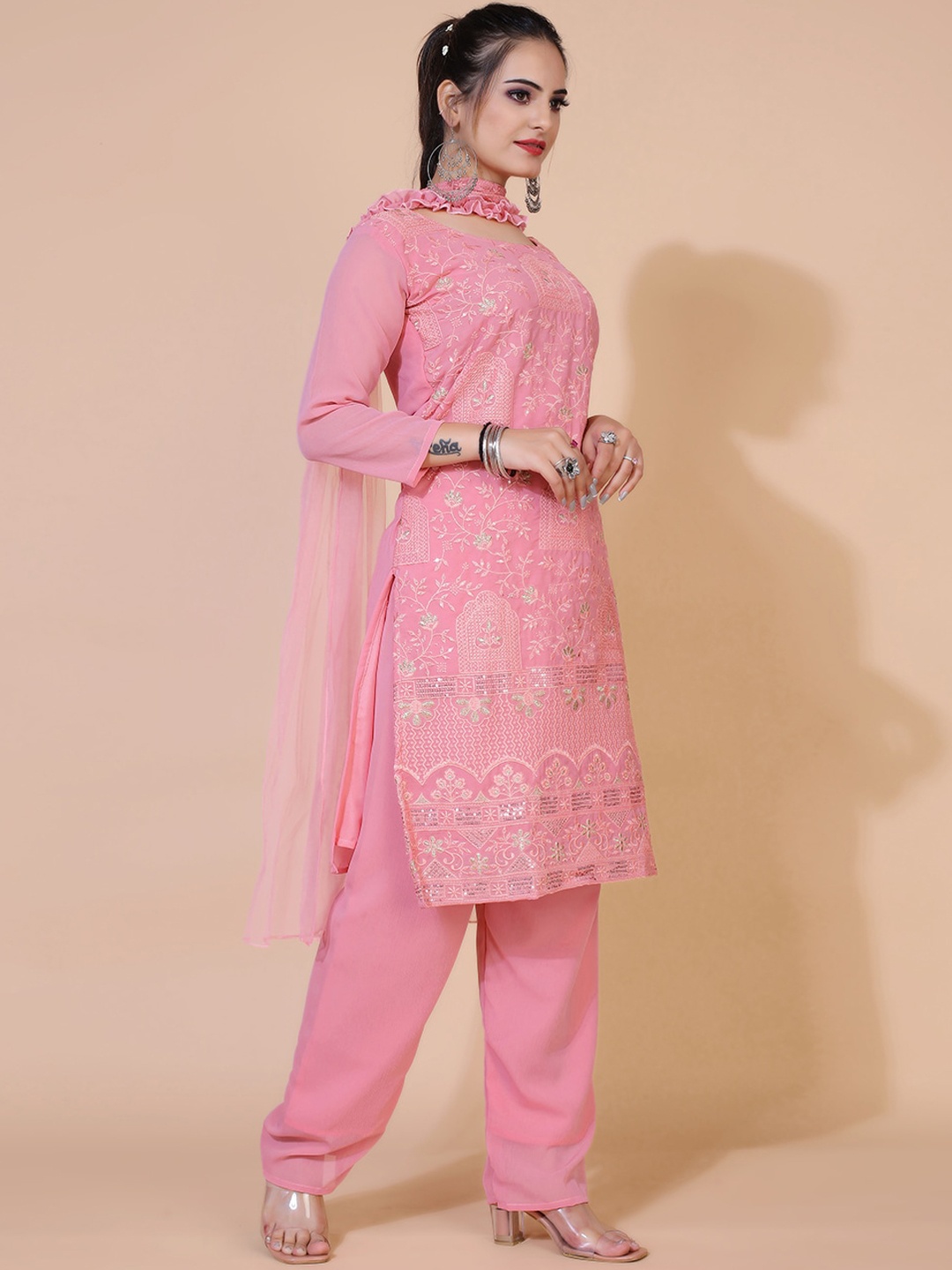 KALINI Floral Embroidered Thread Work Kurta With Trousers & Dupatta, Pink