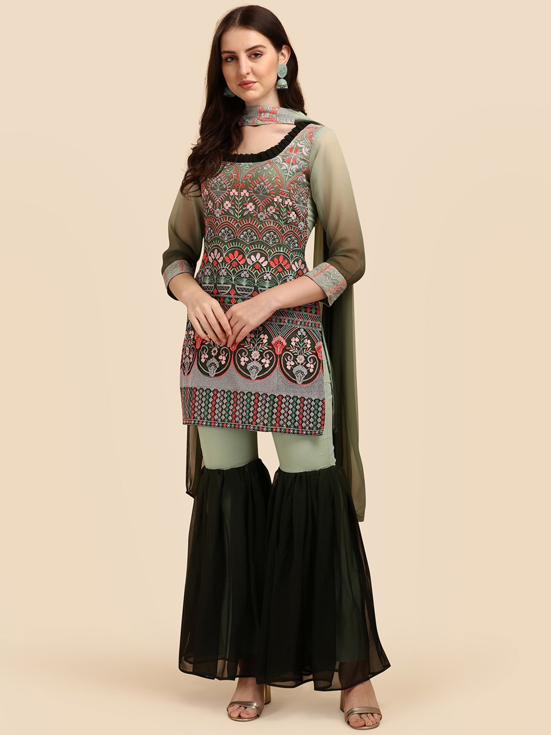 

KALINI Floral Embroidered Thread Work Kurti With Sharara & Dupatta, Green