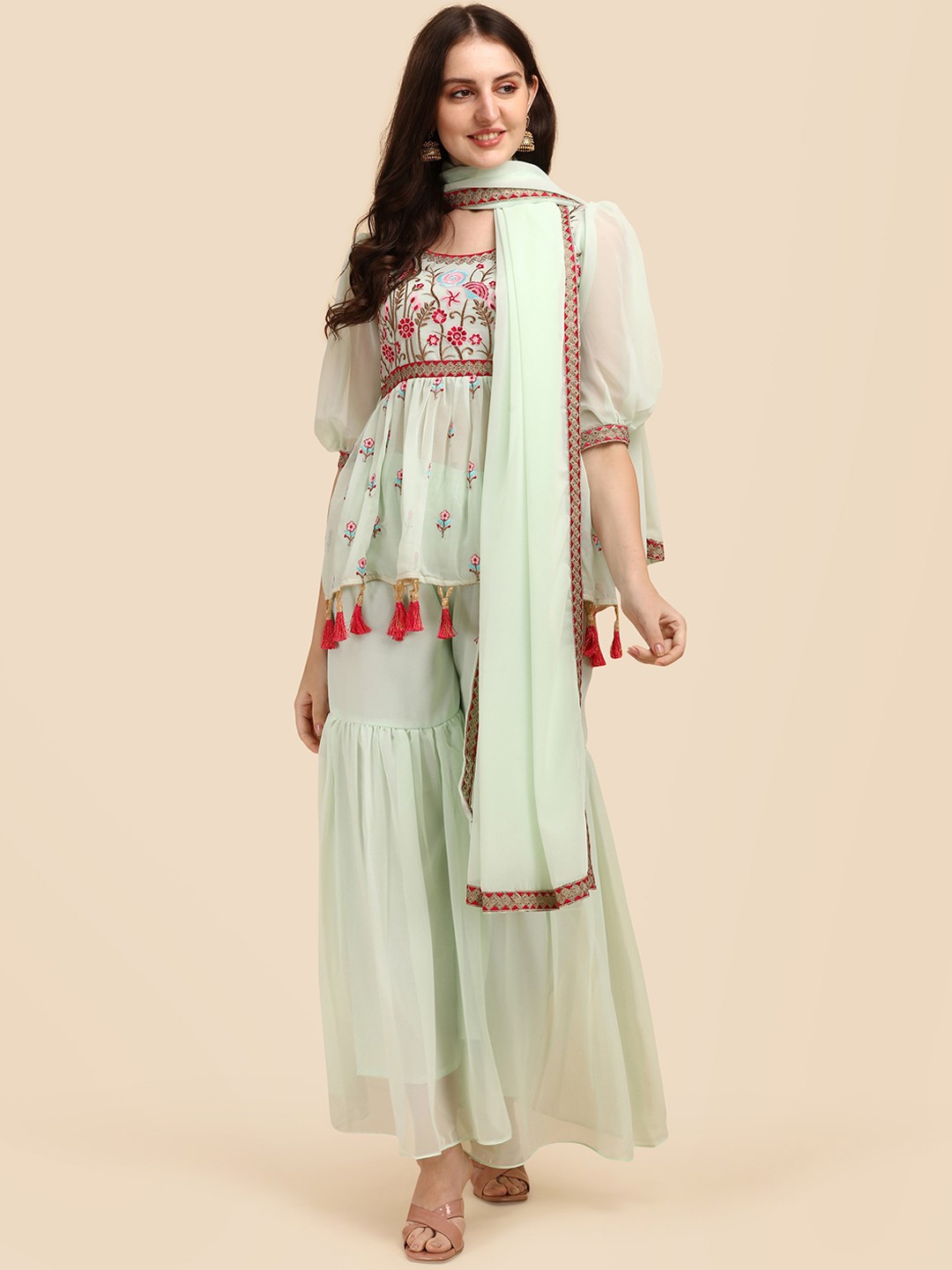 

KALINI Floral Embroidered Kurti With Sharara & Dupatta, Green