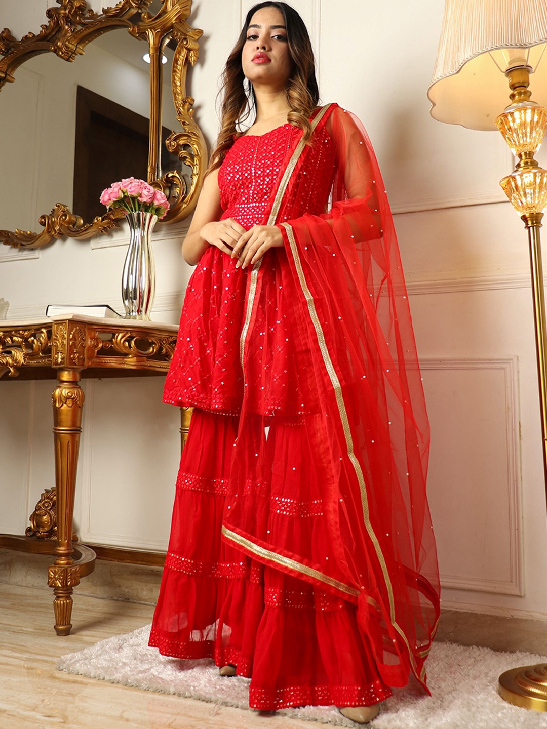 

KALINI Geometric Embroidered Kurti With Sharara & Dupatta, Red