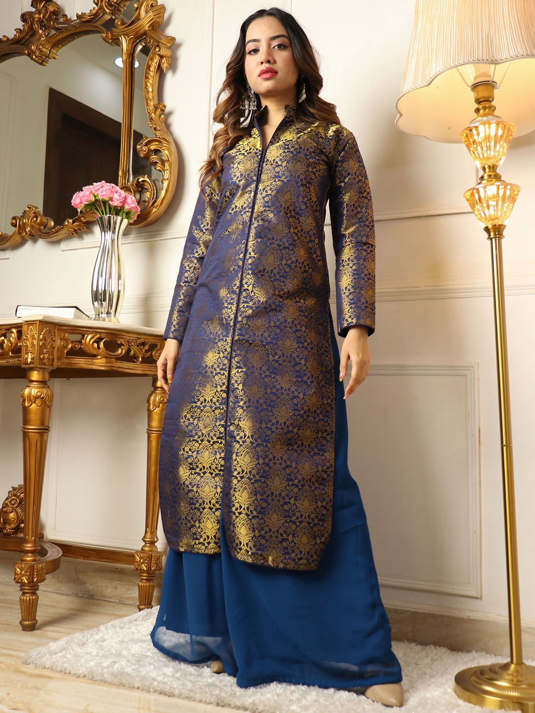 

KALINI Ethnic Motifs Woven Design Mandarin Collar Kurta With Palazzos, Blue