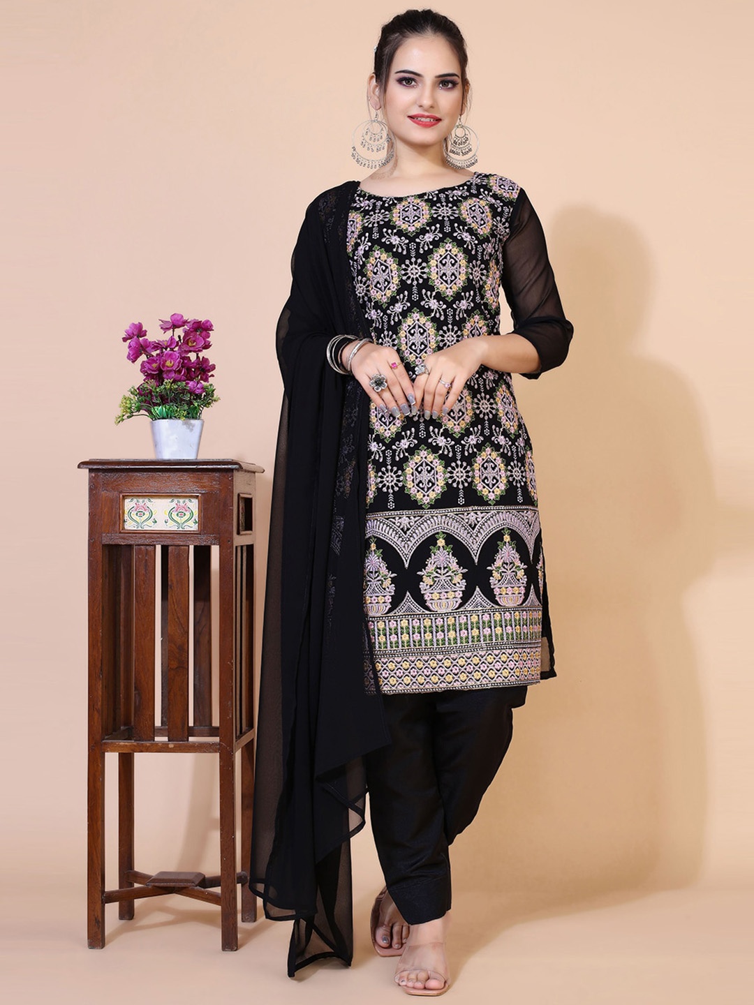 KALINI Floral Embroidered Kurta with Trousers & Dupatta, Black