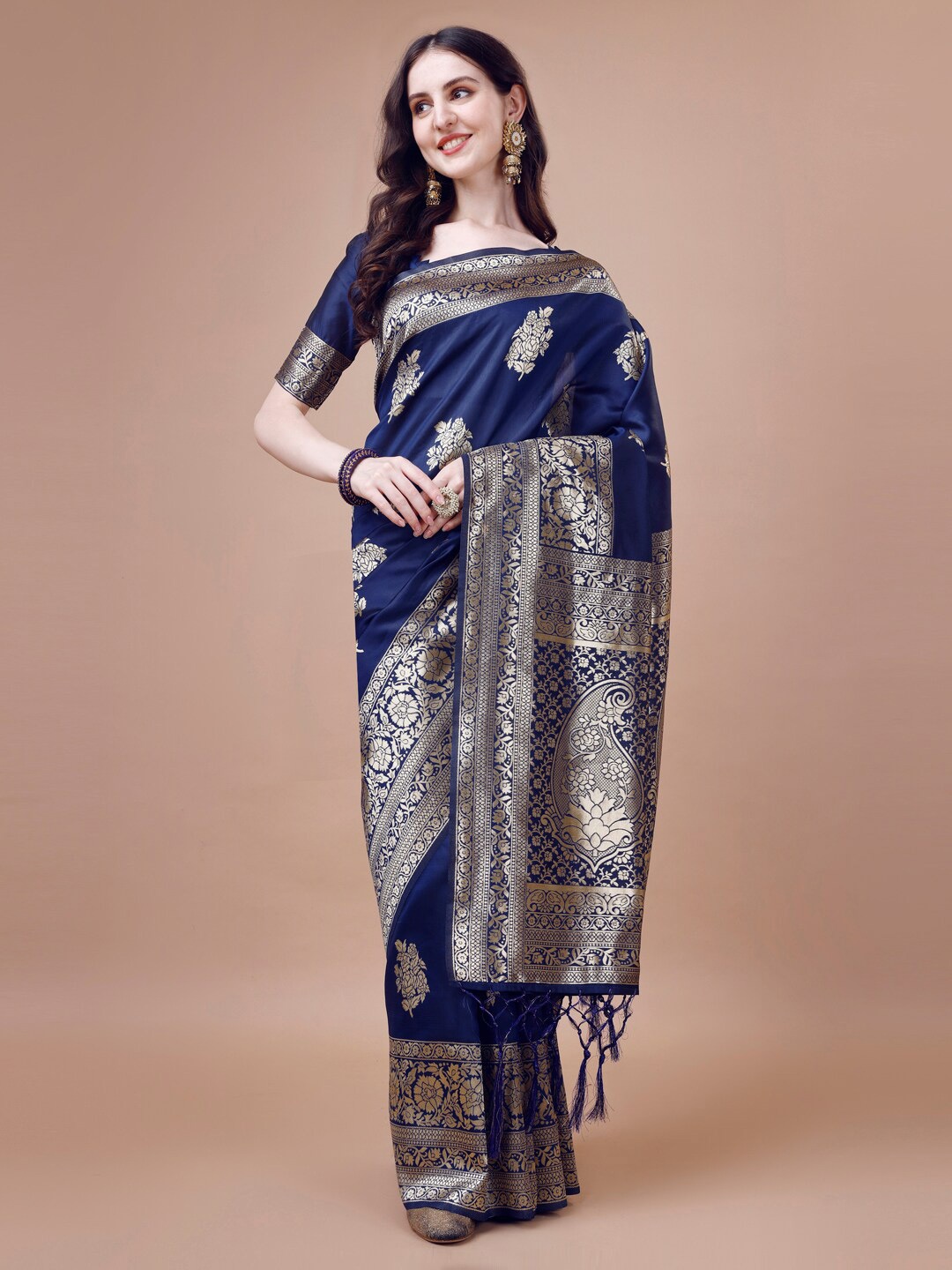 

DIVASTRI Ethnic Motifs Woven Design Zari Banarasi Saree, Navy blue