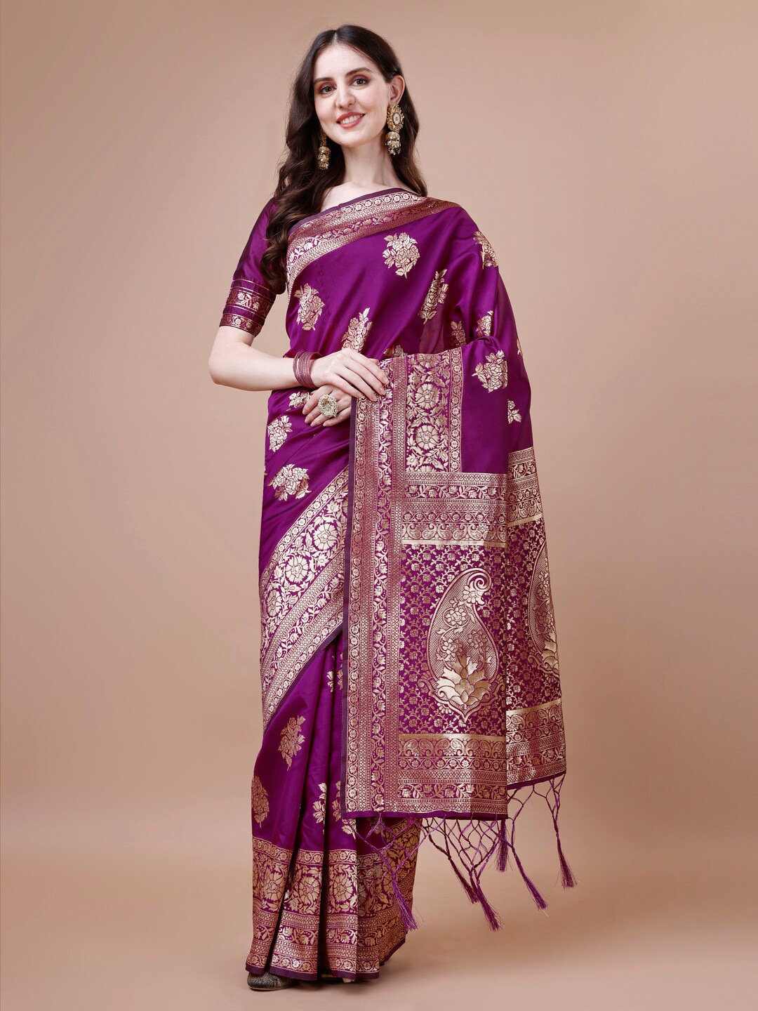 

DIVASTRI Ethnic Motifs Woven Design Zari Banarasi Saree, Burgundy