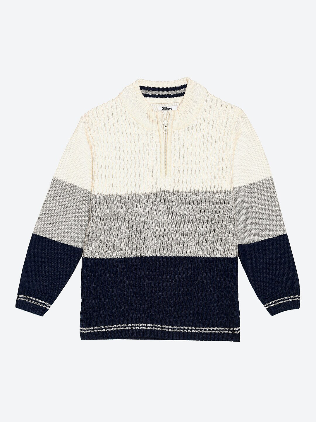 

2Bme Boys Colourblocked Pullover Mock Collar Acrylic Pullover Sweaters, Off white