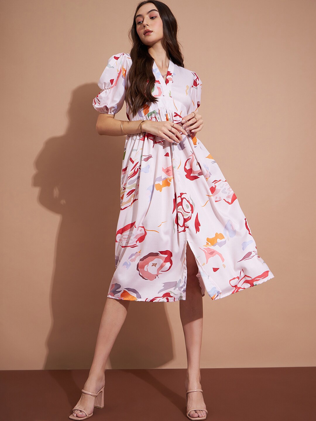 

DressBerry White Floral Printed Gathered Or Pleated A Line Dress