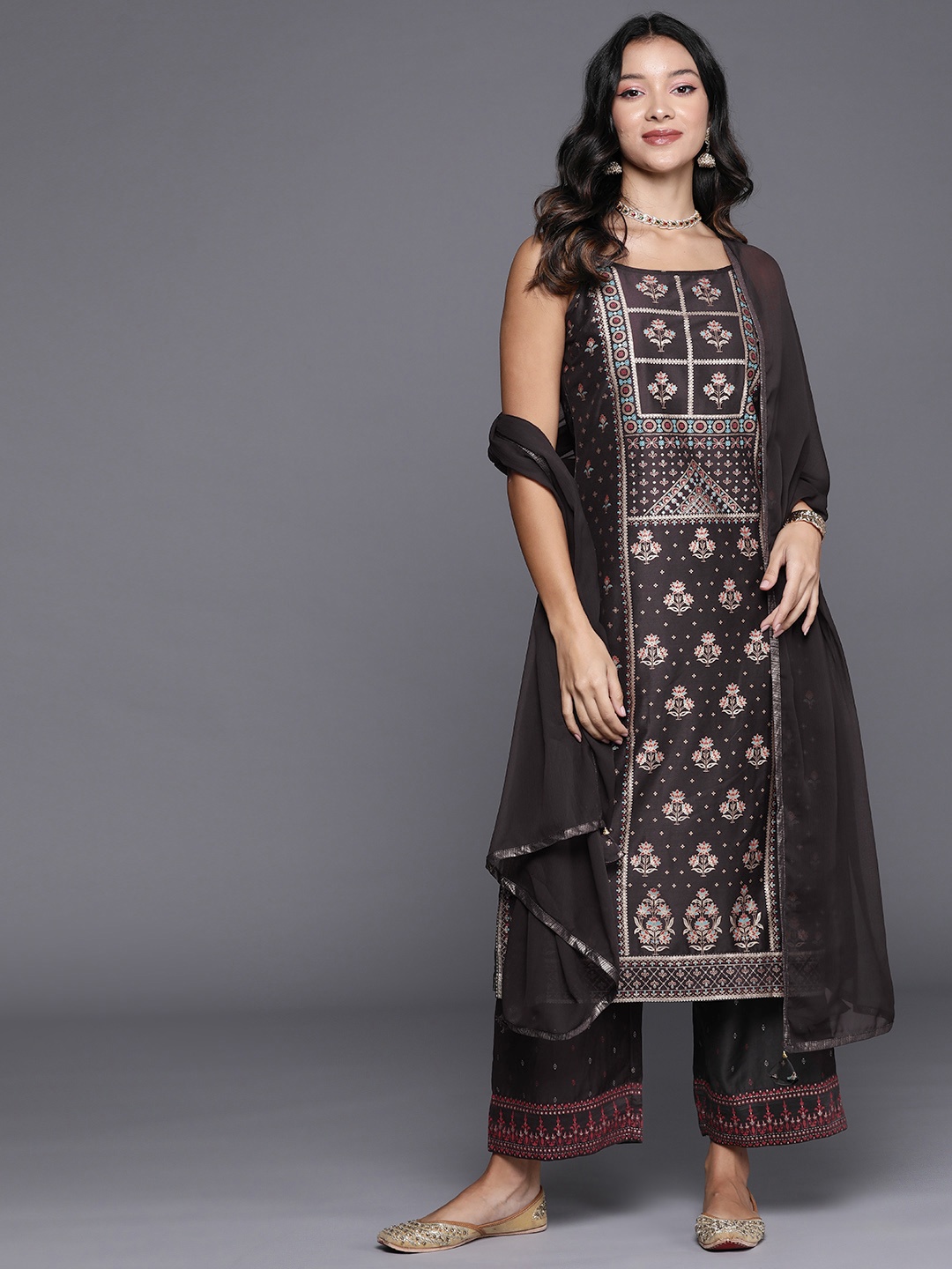 Biba Ethnic Motifs Printed Kurta with Palazzos & With Dupatta, Brown