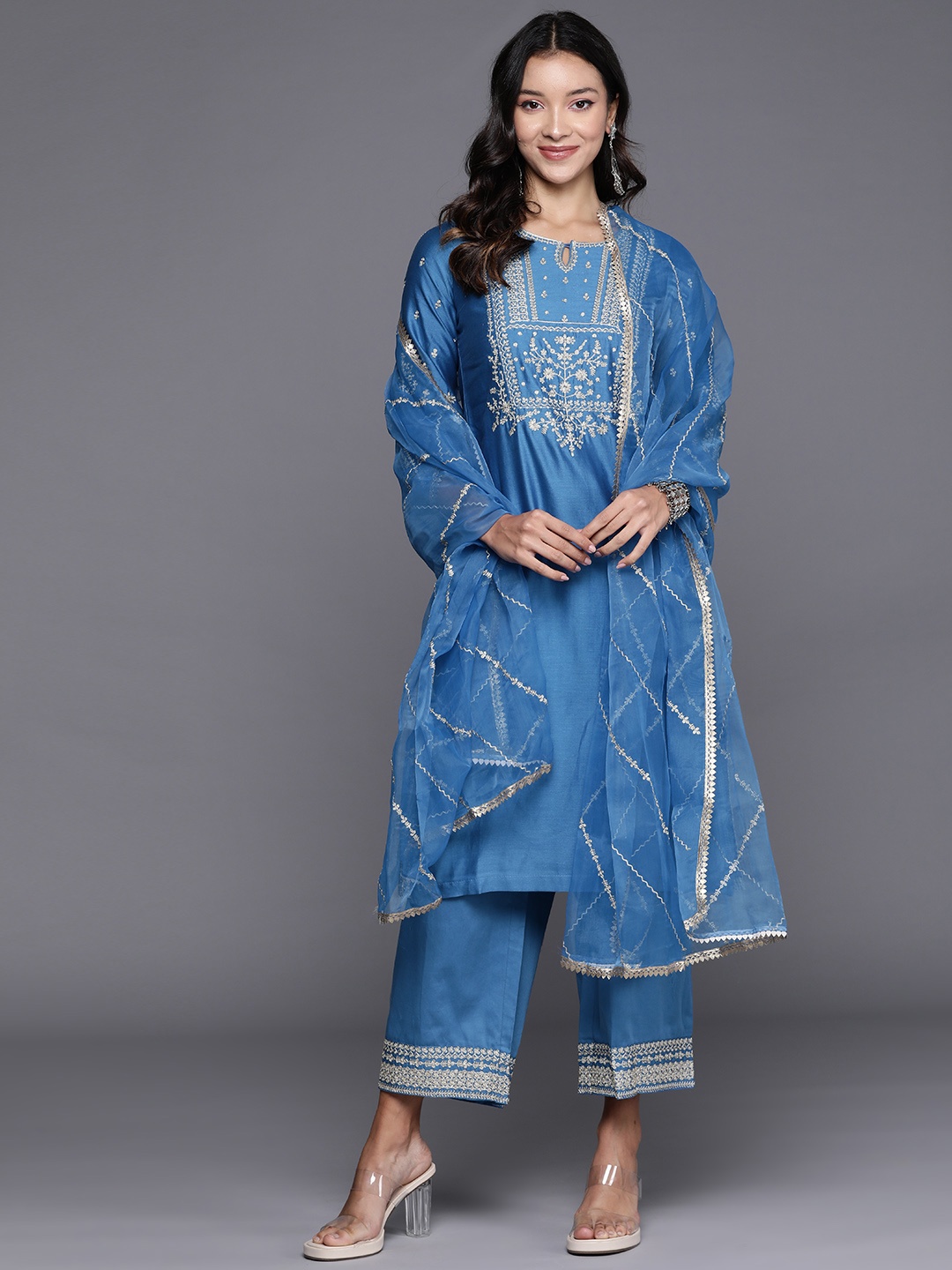 

Biba Ethnic Motifs Zari Yoke Design Kurta with Palazzos & With Dupatta, Blue