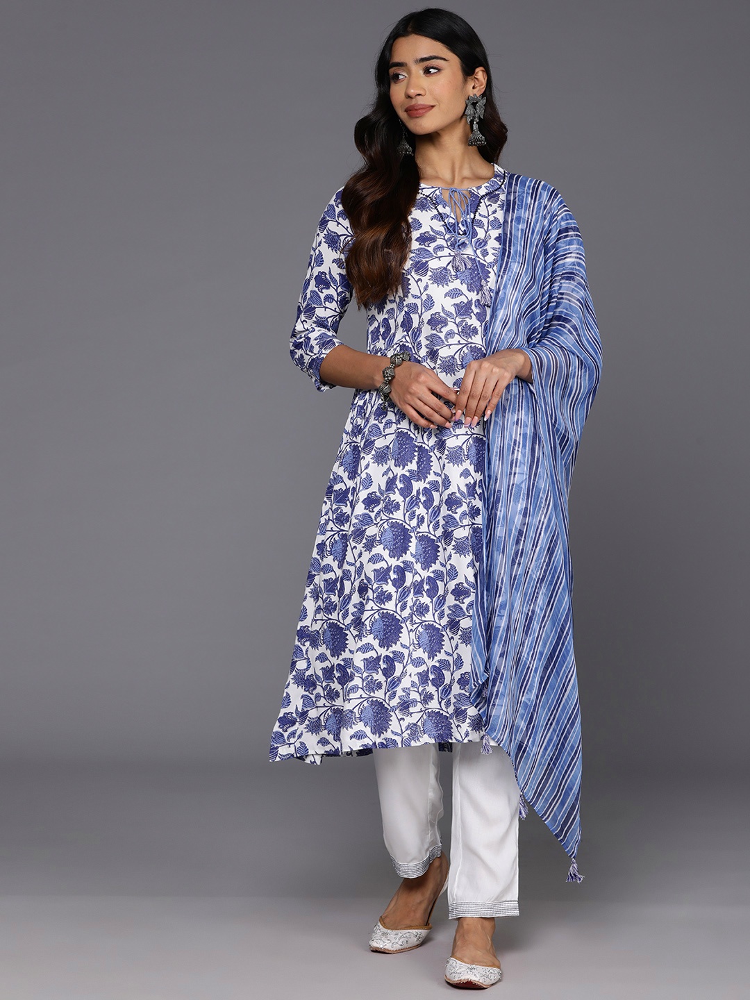 

Biba Floral Print Kurta with Trousers & Dupatta, White