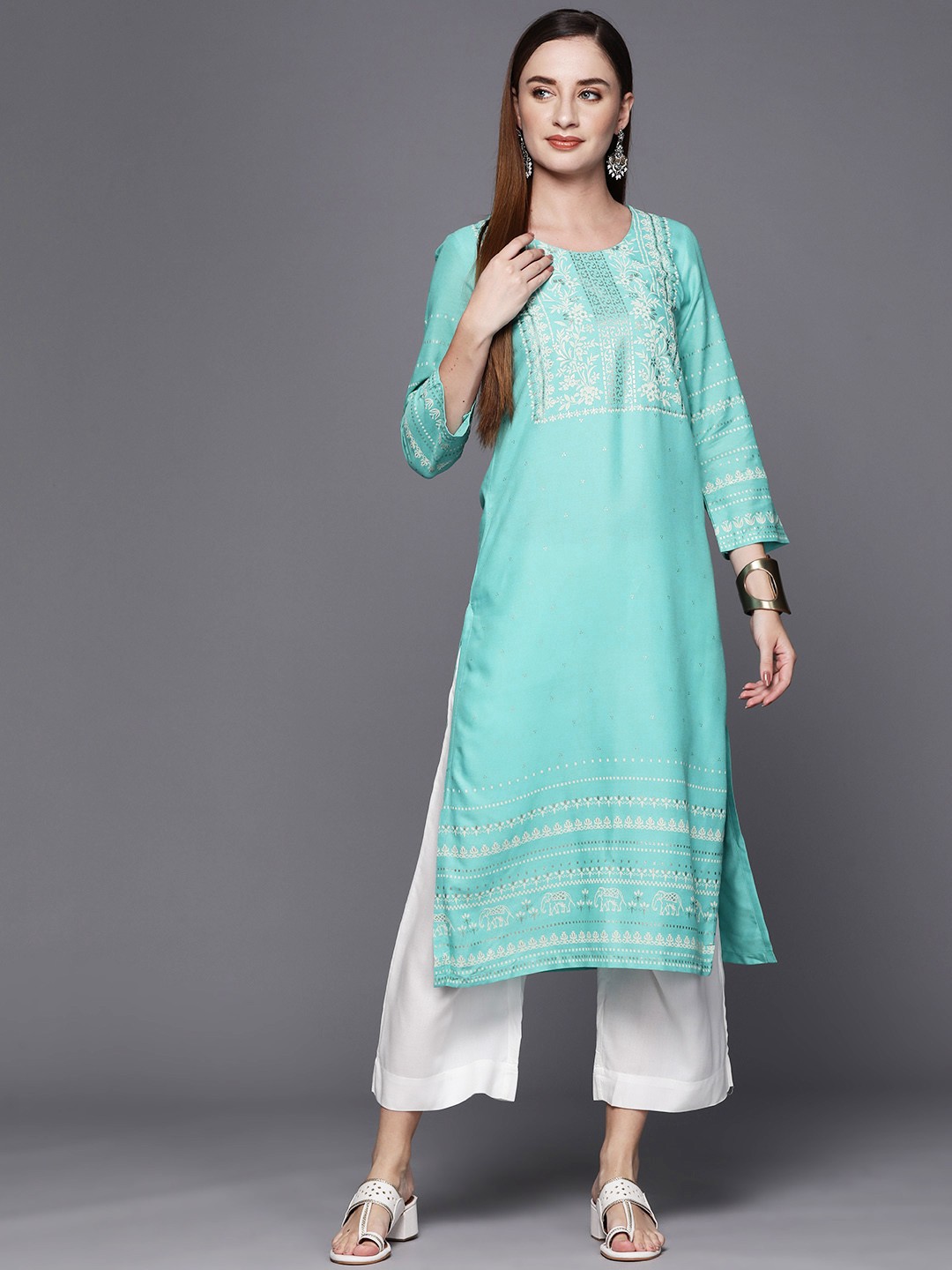 

Biba Women Ethnic Motifs Printed Kurta with Palazzos, Blue