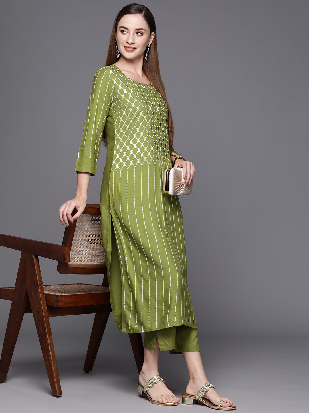 

Biba Women Ethnic Motifs Printed Kurta with Trousers, Olive