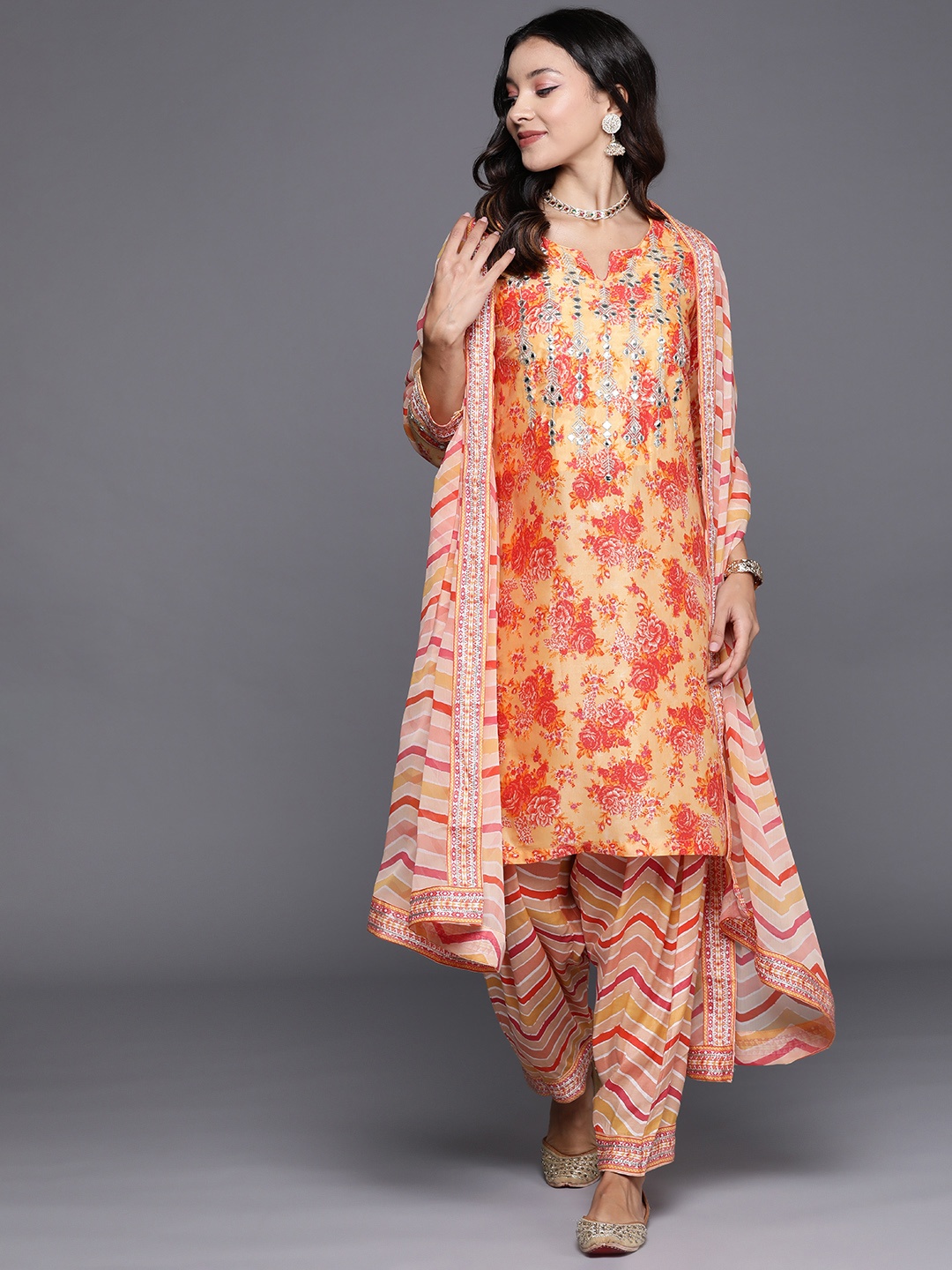 Biba Liva Floral Print Mirror Work Kurta with Salwar & Dupatta, Peach