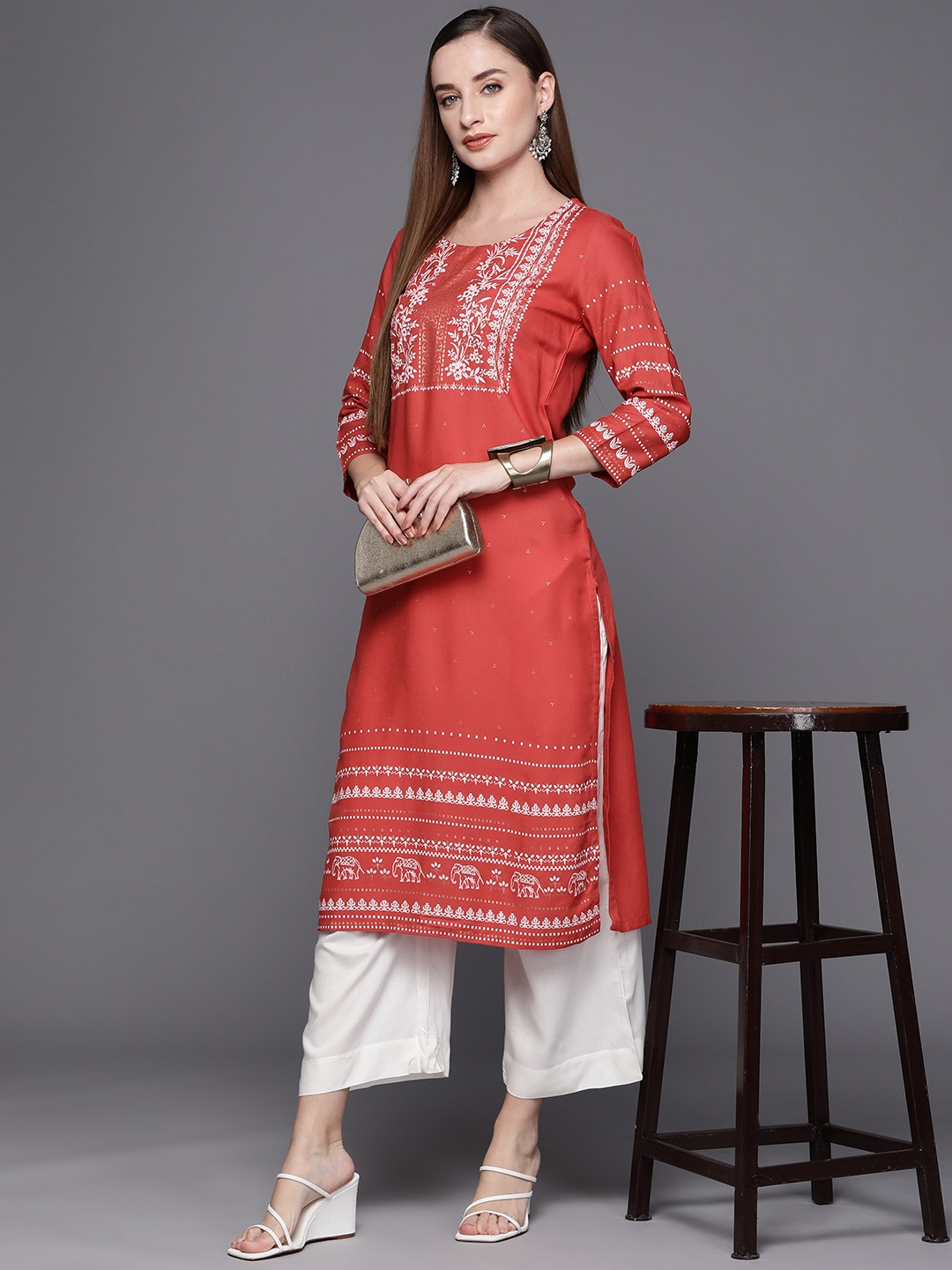 

Biba Women Ethnic Motifs Printed Kurta with Palazzos, Coral