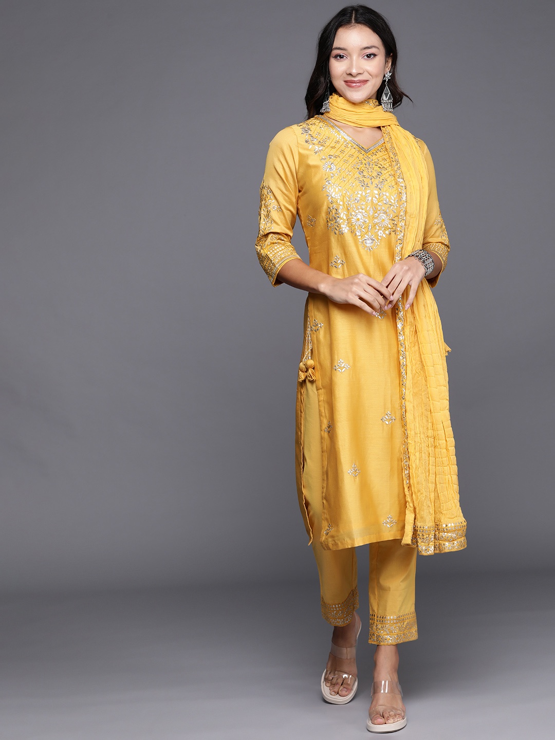 

Biba Floral Mirror Work Kurta Set with Dupatta & Potli, Mustard