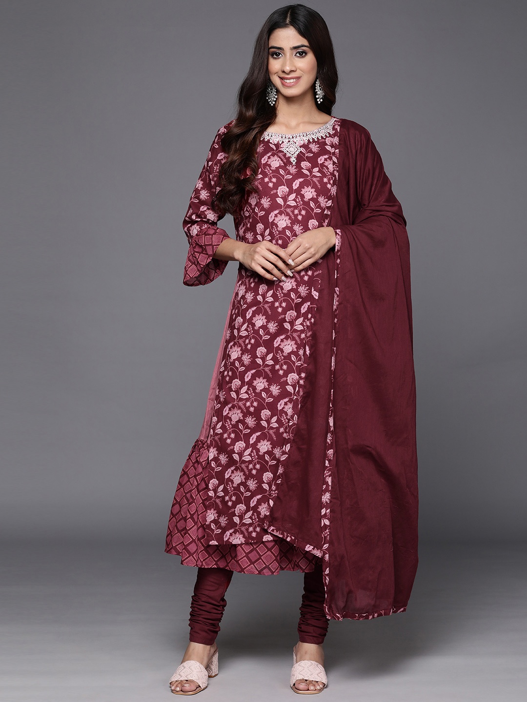 

Biba Floral Print Mirror Work Pure Cotton Kurta with Churidar & Dupatta, Maroon