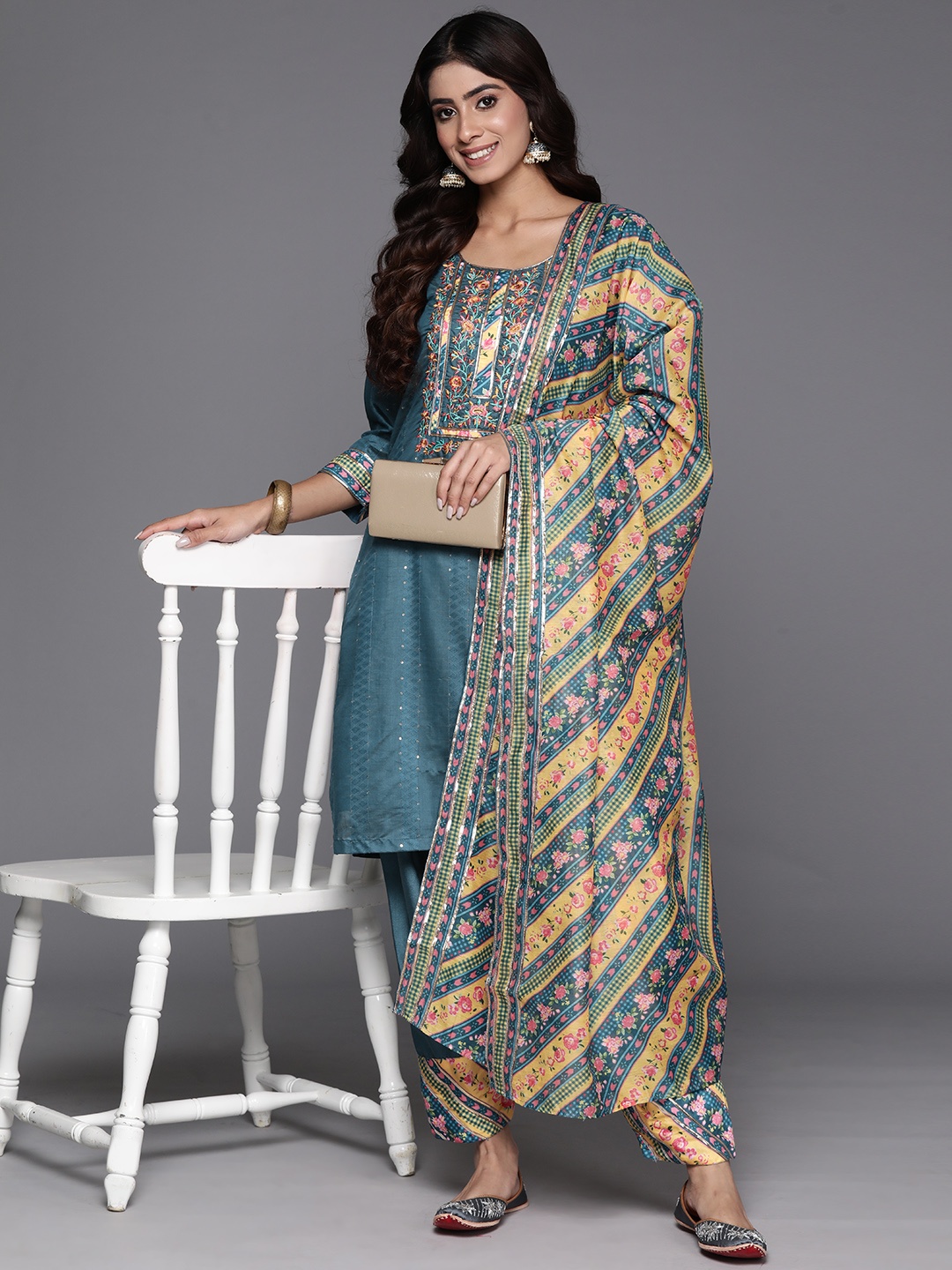 

Biba Ethnic Motifs Printed Kurta Set With Dupatta, Blue