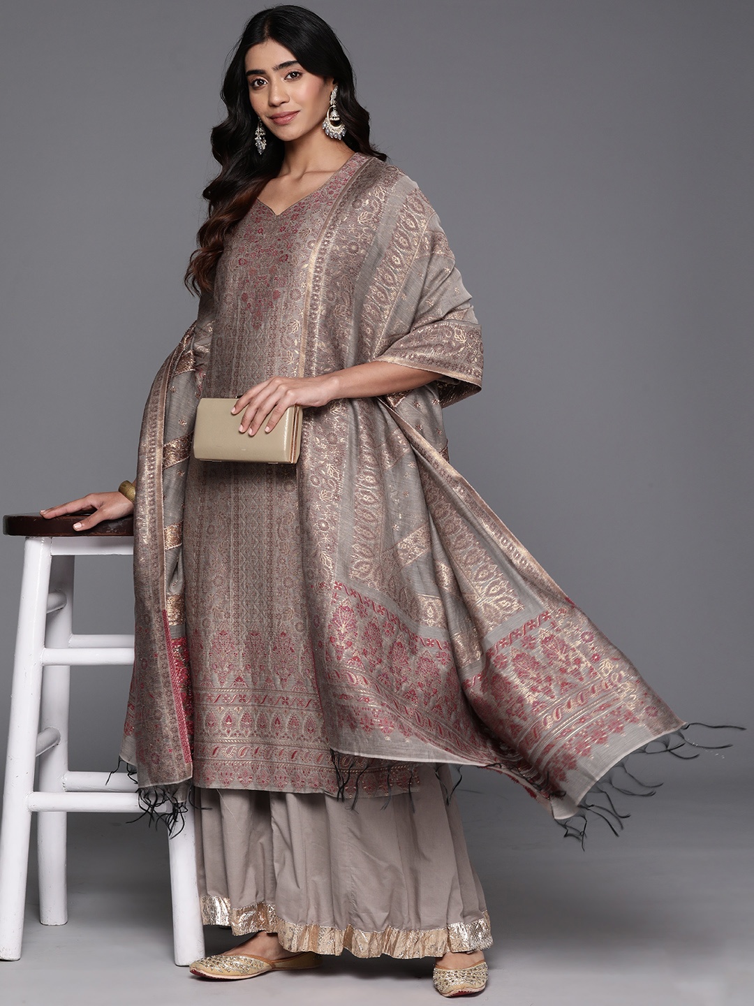 

Biba Ethnic Motifs Woven Designed Kurta With Palazzos & Dupatta, Grey
