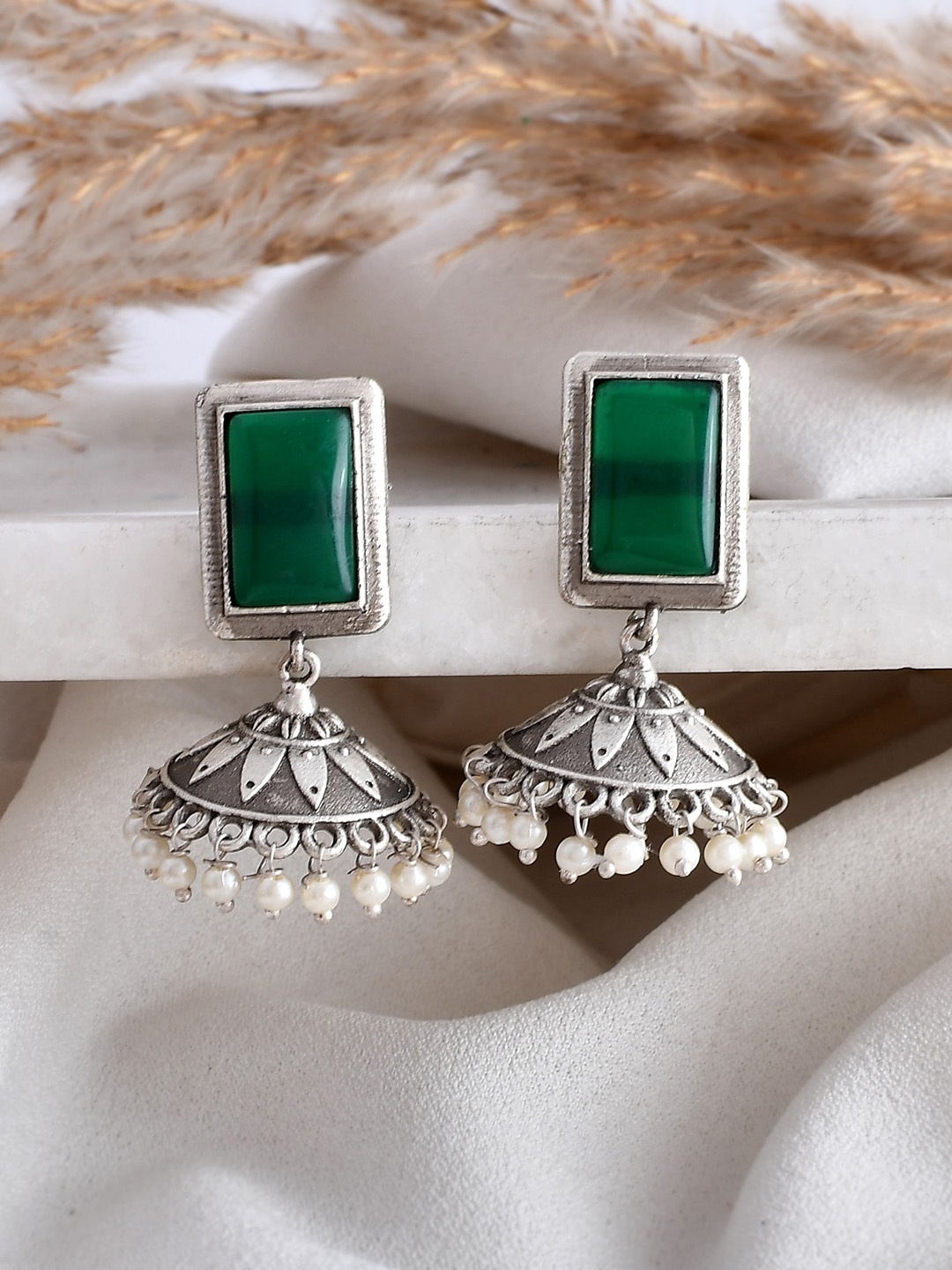 

DASTOOR Silver-Plated Contemporary Oxodise Jhumkas