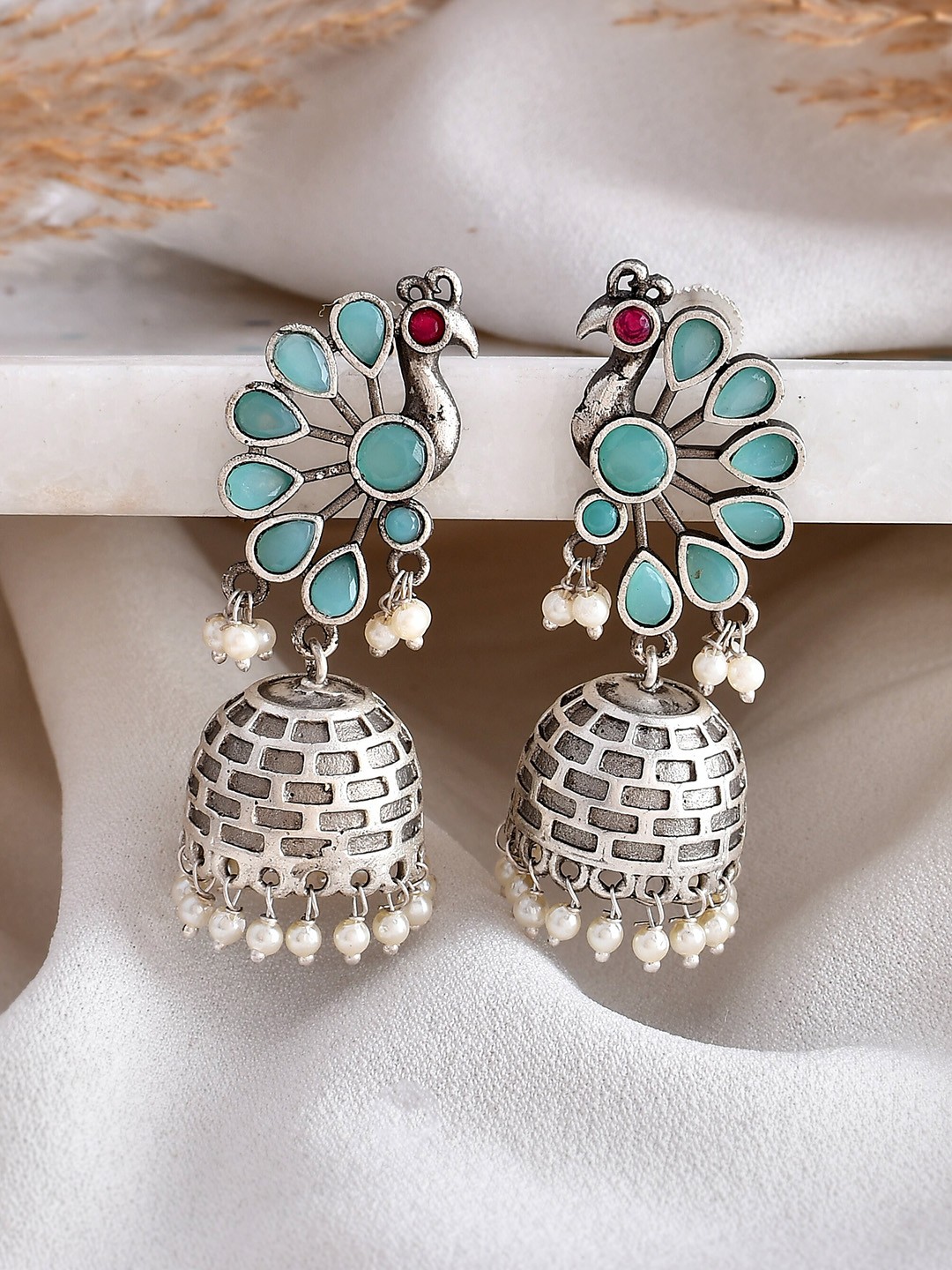 

DASTOOR Silver-Plated Oxidised Contemporary Jhumkas