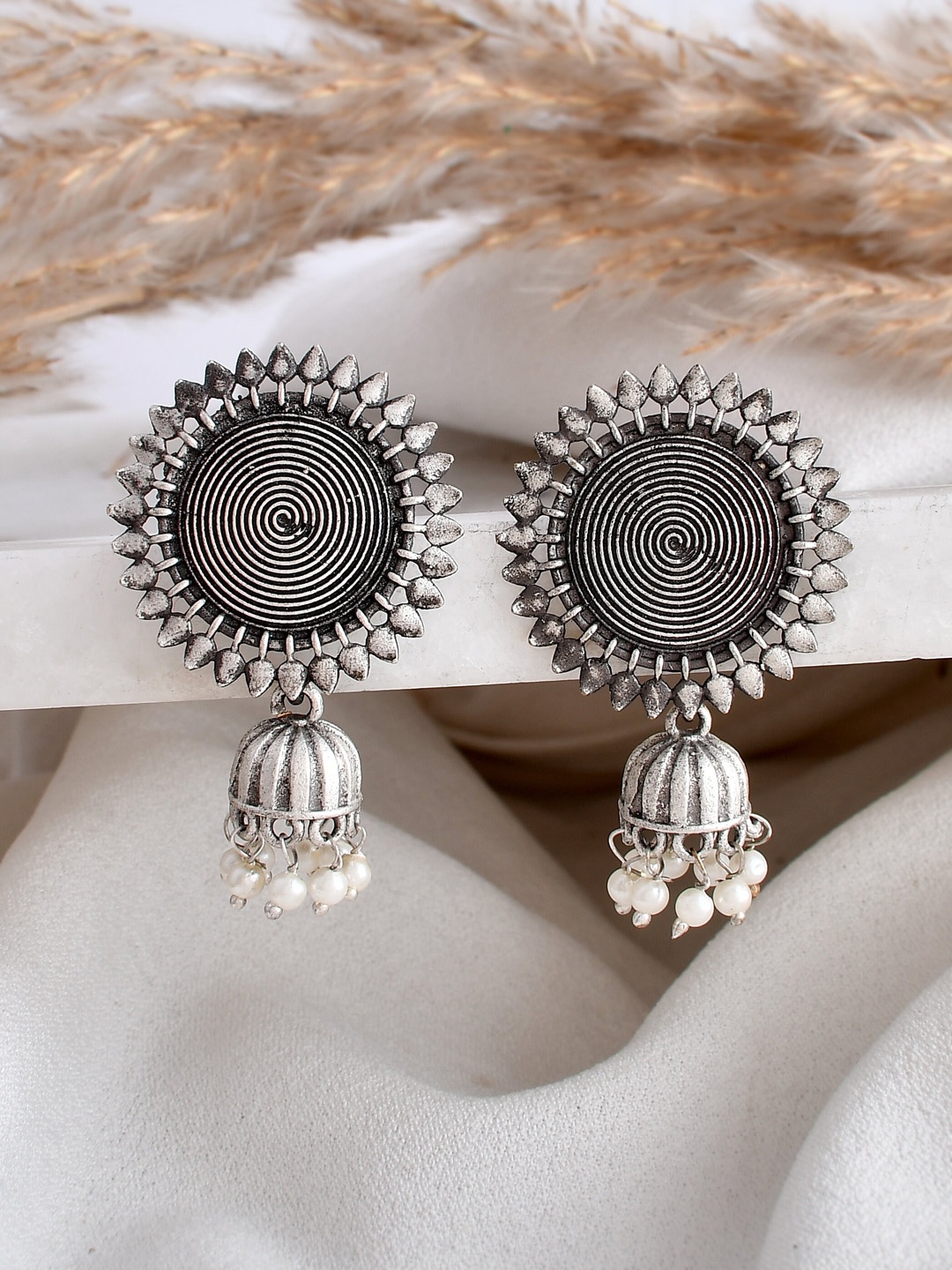 

DASTOOR Silver-Plated Oxidised Contemporary Jhumkas