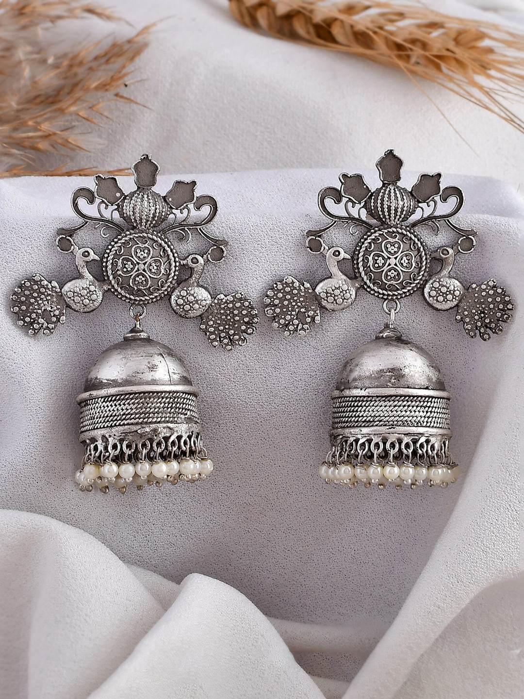

DASTOOR Silver-Plated Oxidised Contemporary Jhumkas