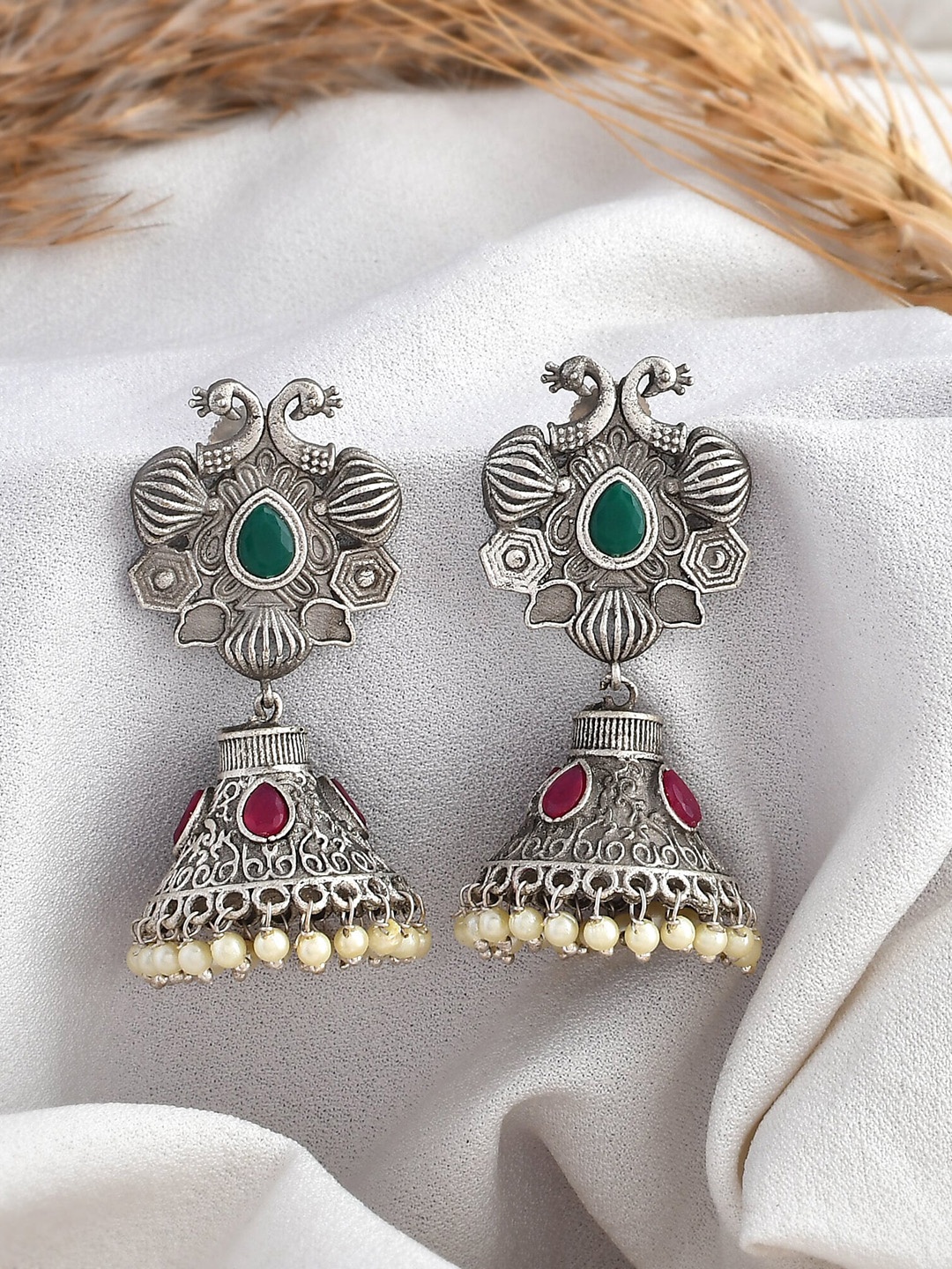 

DASTOOR Silver-Plated Oxidised Contemporary Jhumkas